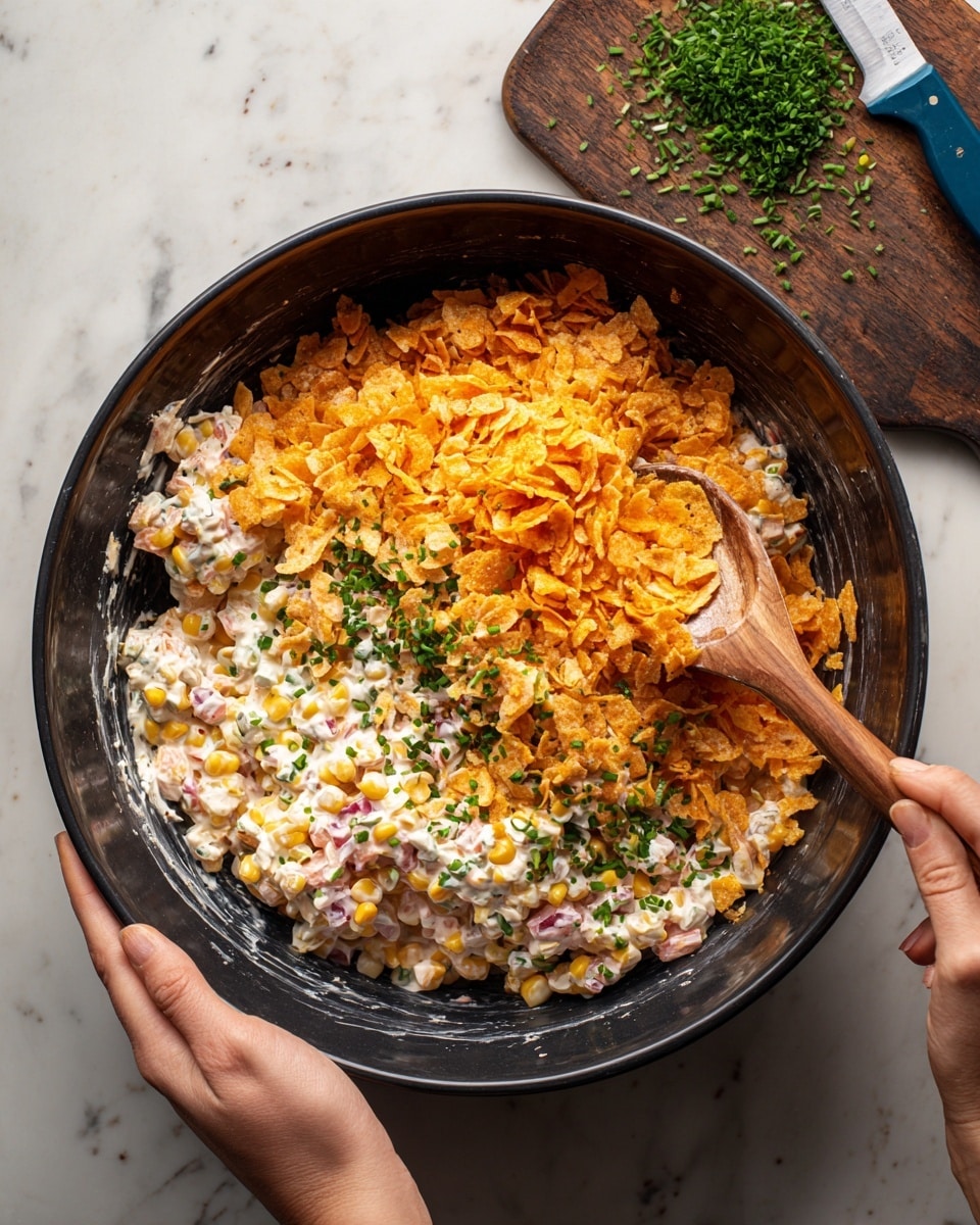 A close-up of a black mixing bowl filled with a creamy salad mixture being stirred with a wooden spoon held by a woman's hand on the right, while another woman's hand steadies the bowl on the left. The salad has three visible layers: the bottom layer is a creamy white mixture with corn kernels and pinkish diced pieces, the middle layer is partially mixed with the creamy mixture, and the top layer consists of bright orange crushed chips or crisps spread unevenly across one side. The bowl is placed on a white marbled surface, next to a small dark wooden board with finely chopped green herbs and a knife with a blue handle. Photo taken with an iphone --ar 4:5 --v 7