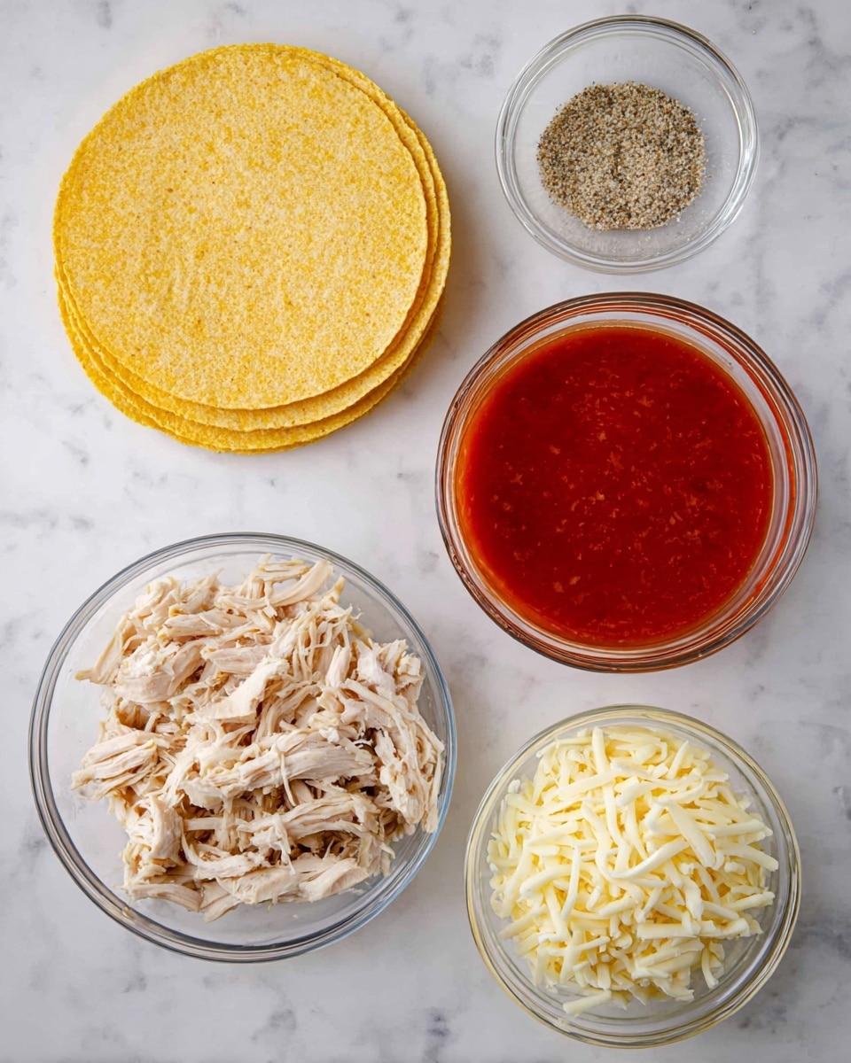 The image shows six ingredients arranged on a white marbled surface: a stack of three yellow corn tortillas on the bottom left, a small clear bowl of mixed white and black ground spices below them, a medium clear bowl filled with shredded light beige cooked chicken on the bottom right, a medium clear bowl of shredded white cheese on the top right, and a medium clear bowl of bright red smooth sauce in the top center-left. The bowls and tortillas are evenly spaced and all ingredients are clearly visible. photo taken with an iphone --ar 4:5 --v 7