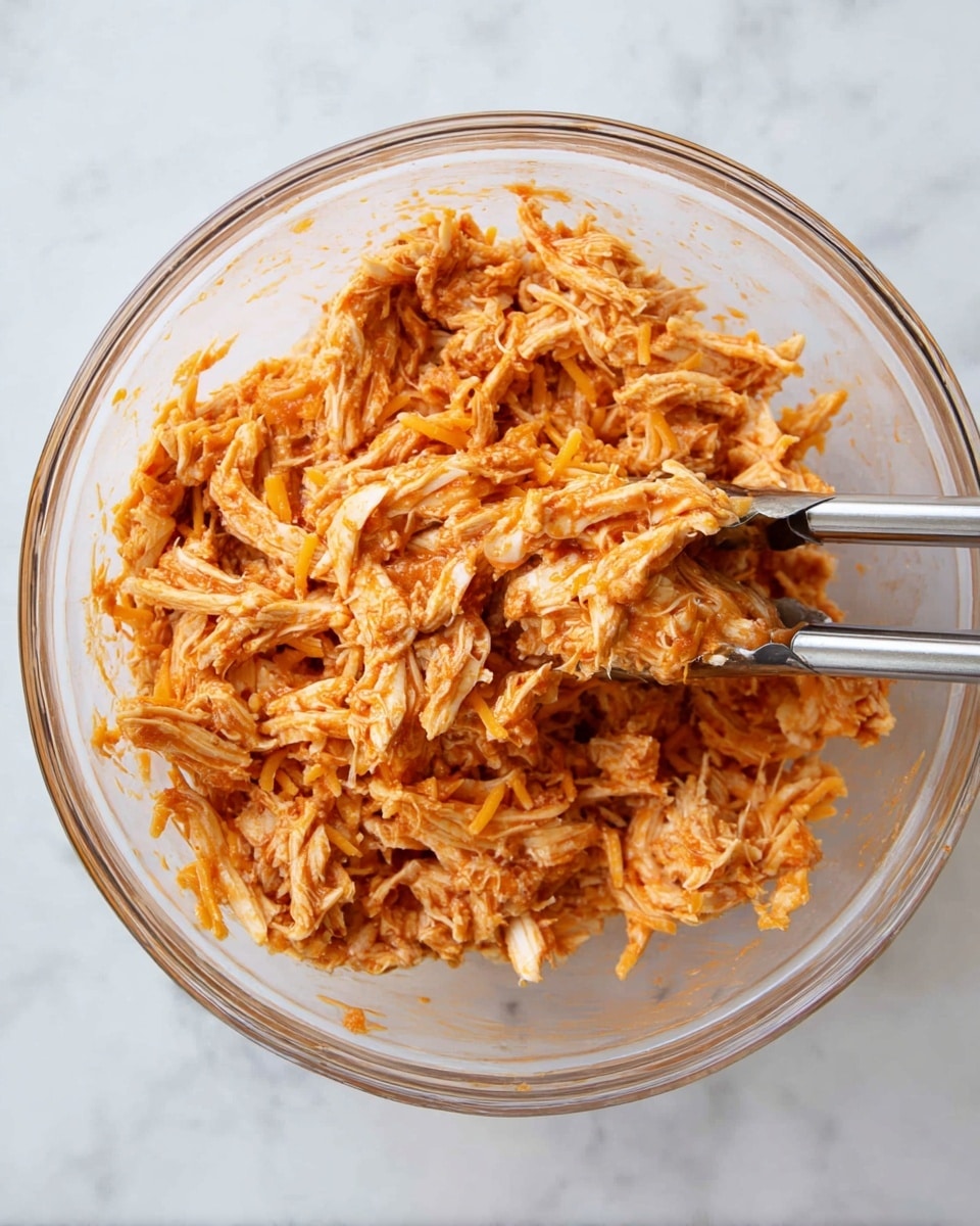 A clear glass bowl sits on a white marbled surface filled with shredded chicken mixed with shredded cheddar cheese, all coated in a reddish sauce. The mixture has a textured look with small chunks and strands of chicken intertwined with softened, slightly melted cheese. A pair of metal tongs is partially visible, holding up some of the mixture, showing the combined texture of tender chicken and cheese with the sauce giving it an orange hue. photo taken with an iphone --ar 4:5 --v 7