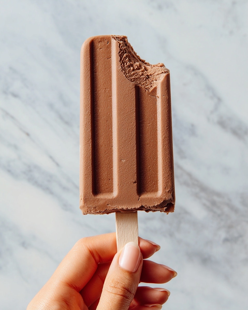A close-up view of a chocolate popsicle held by a woman's hand, with a bite taken from the top left corner revealing its creamy texture. The popsicle is a single layer of rich brown chocolate with subtle air bubbles and ridges for grip. The wooden stick is light beige and flat, held between the thumb and forefinger of a woman's hand. The background is a smooth white marbled texture. photo taken with an iphone --ar 4:5 --v 7