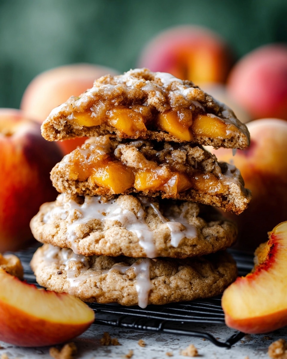 A stack of three large cookies sits on a black wire rack over a white marbled surface, with the top cookie split in half and placed on top to show the inside. Between the top halves, there is a thick layer of orange peach chunks mixed with crumbly brown streusel and syrup that drips slightly down the sides. The cookies are light brown with a soft, slightly crumbly texture and are drizzled with a thin white glaze. Around the cookies, there are whole peaches that have a red and yellow skin. The photo has a blurred green background. photo taken with an iphone --ar 4:5 --v 7