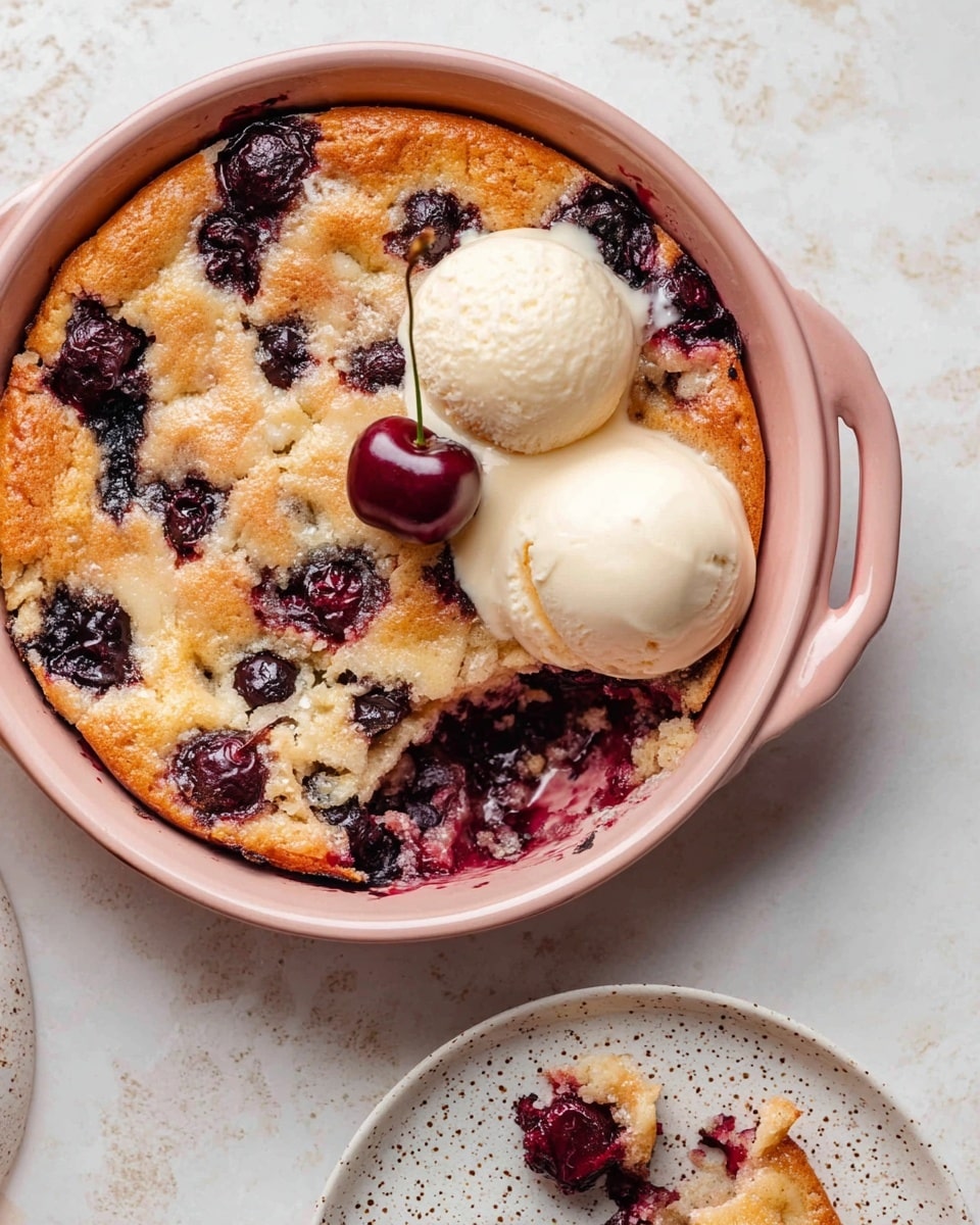 The image shows a round baked cherry dessert in a pink ceramic dish on a white marbled surface. The dessert has a golden-brown, slightly crisp top layer with dark red cherries scattered unevenly underneath and peeking through. On one side of the dish, there are two scoops of creamy vanilla ice cream melting slightly into the warm dessert, and a single dark red cherry with a green stem rests on top of the ice cream. A piece of the dessert has been removed and placed on a white speckled plate below the dish, revealing a moist, soft interior layer with rich cherry filling. Photo taken with an iphone --ar 4:5 --v 7
