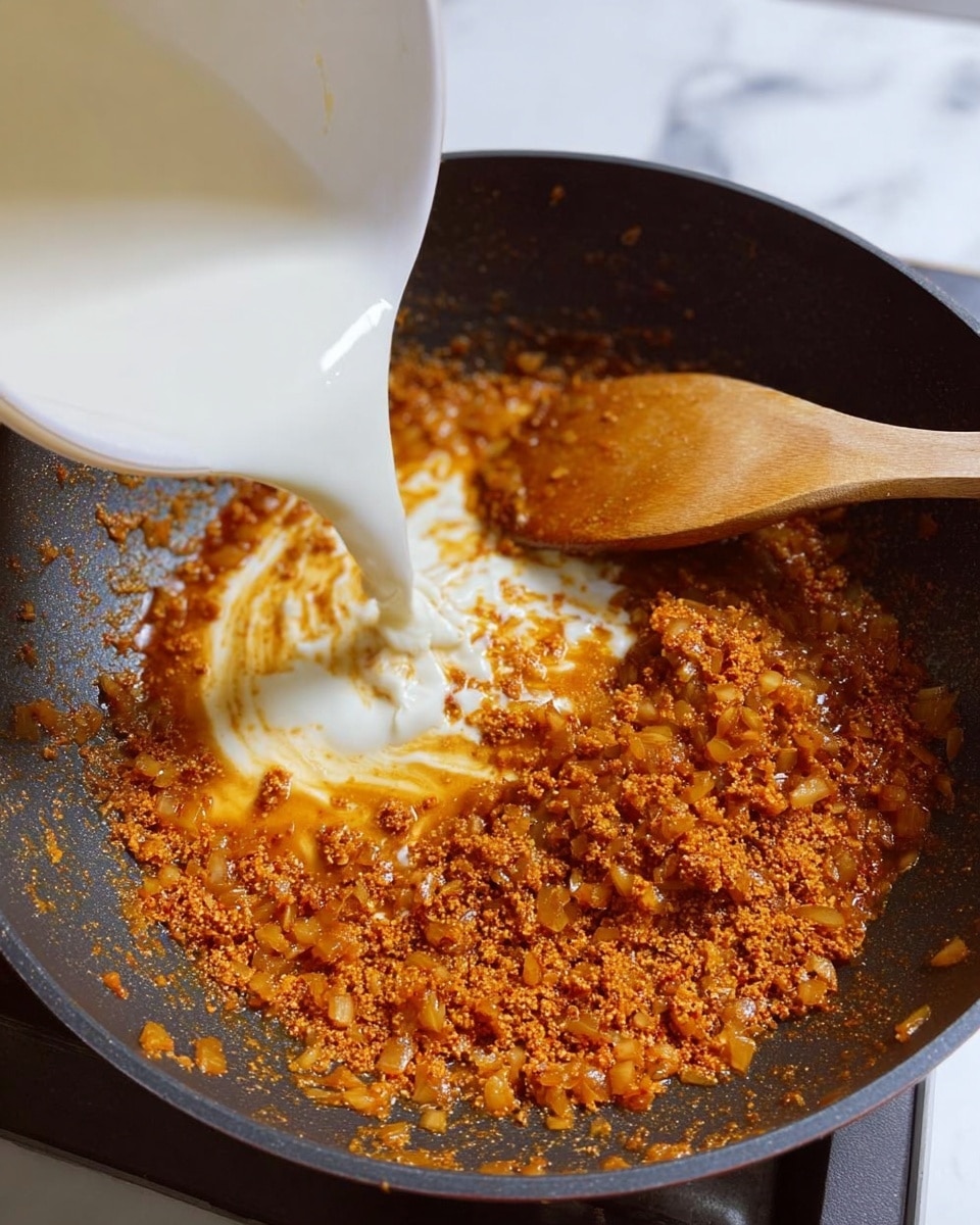 A close-up view of a black pan on a white marbled stove, filled with a cooked mix of finely chopped browned onions and reddish spices forming a textured orange-brown layer around the pan edges. A wooden spoon with a slightly stained surface is stirring the ingredients on the right side of the pan. A smooth white liquid is being poured from a white cup into the center of the pan, creating a swirling contrast over the orange-brown layer. photo taken with an iphone --ar 4:5 --v 7