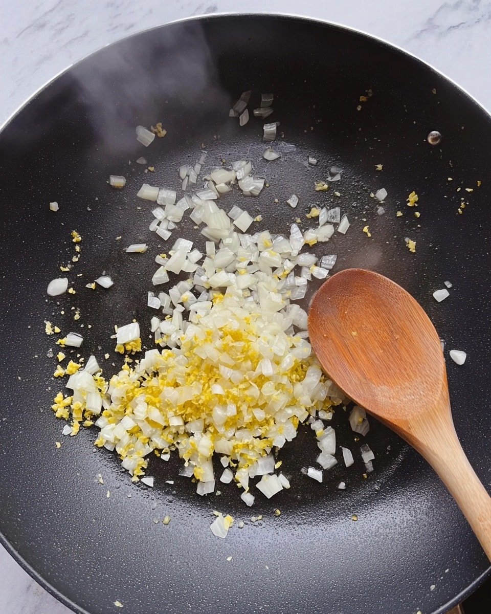 A close-up of a large black pan with small white onion pieces and tiny yellow ginger bits cooking inside, scattered mostly in the center with some pieces spread outward. A wooden spoon with a light brown handle rests on the right side, partially stirring the ingredients. Light steam rises in the background, and the pan surface is slightly shiny with oil. The background is changed to a white marbled texture. Photo taken with an iphone --ar 4:5 --v 7