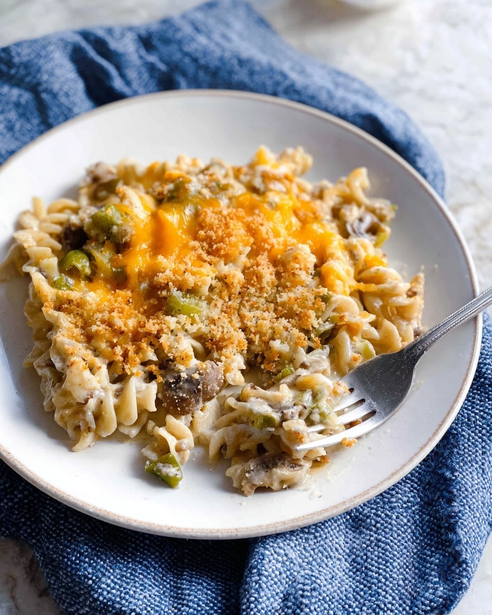 The dish shows a white plate filled with a creamy pasta bake that has three clear layers: a base of twisted pasta mixed with small green vegetable pieces and bits of mushroom, topped with a light brown breadcrumb layer that looks crunchy, and a final layer of bright orange melted cheese sprinkled evenly across the top. A silver fork is placed on the right side of the plate, slightly digging into the pasta. The plate is set on a white marbled surface with a blue textured cloth nearby. Photo taken with an iphone --ar 4:5 --v 7