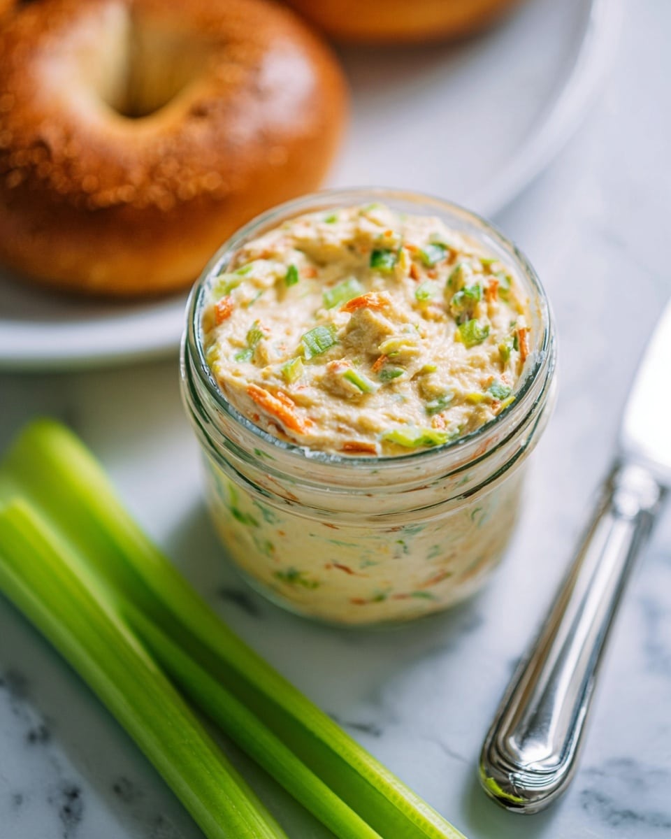 A clear glass jar filled with a creamy light beige spread with visible small pieces of green herbs and orange bits sits on a white marbled surface. Next to the jar, there is a bunch of fresh green celery stalks and leaves. On a white plate with a few specks, there are two halves of a toasted bagel, each covered with a thick layer of the same creamy spread. Behind the plate, two whole bagels lie stacked, one plain and one topped with melted cheese in orange and light brown hues. A butter knife rests on the plate near the bagel halves. Photo taken with an iphone --ar 4:5 --v 7