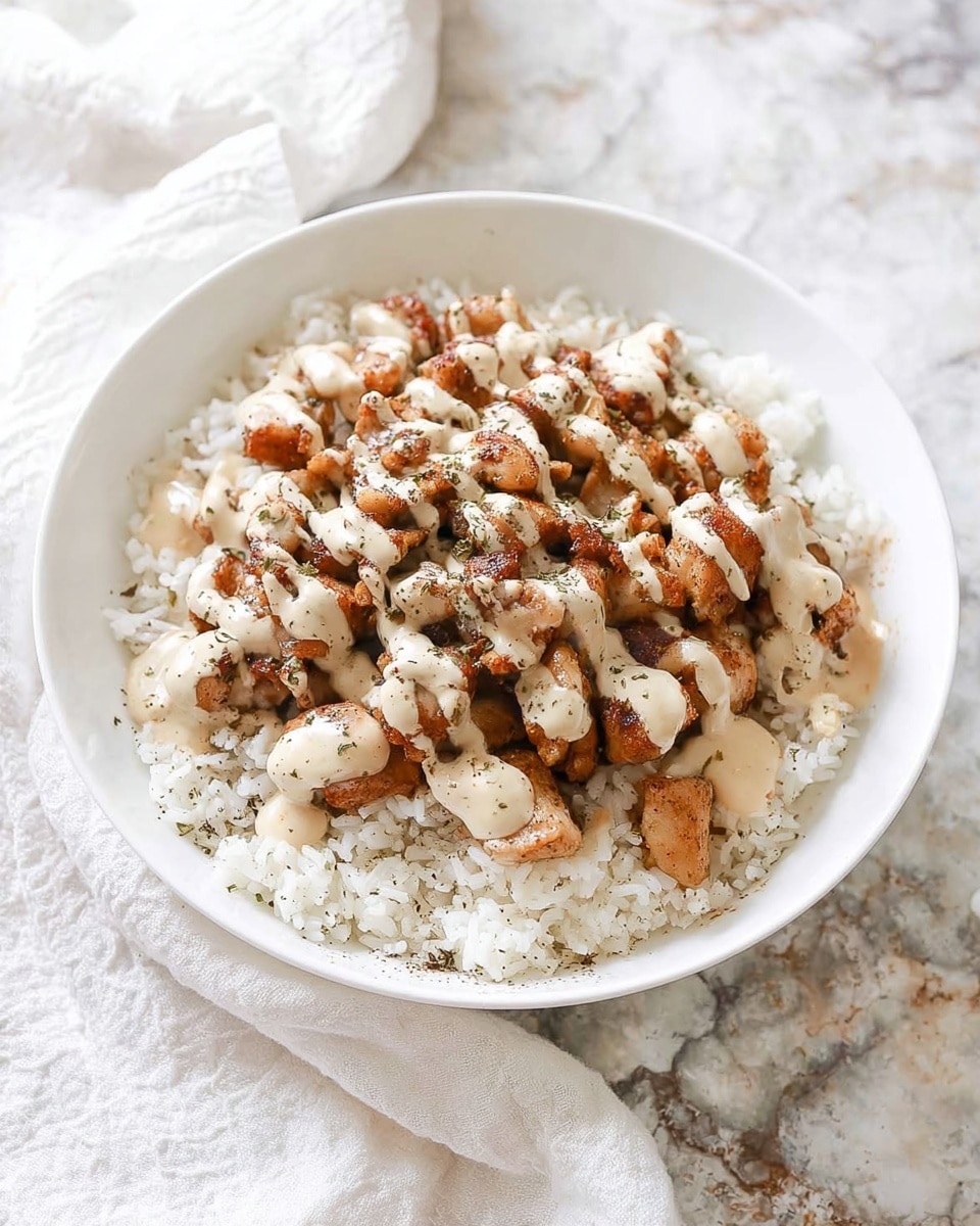 A white bowl filled with a base layer of white rice, topped with a heap of small, browned cooked chicken pieces. The chicken is covered with light-colored sauce drizzled unevenly over it. The bowl sits on a white marbled surface, with a soft white cloth nearby. The overall look is warm and inviting, showing a simple rice dish with seasoned chicken and creamy sauce on top photo taken with an iphone --ar 4:5 --v 7