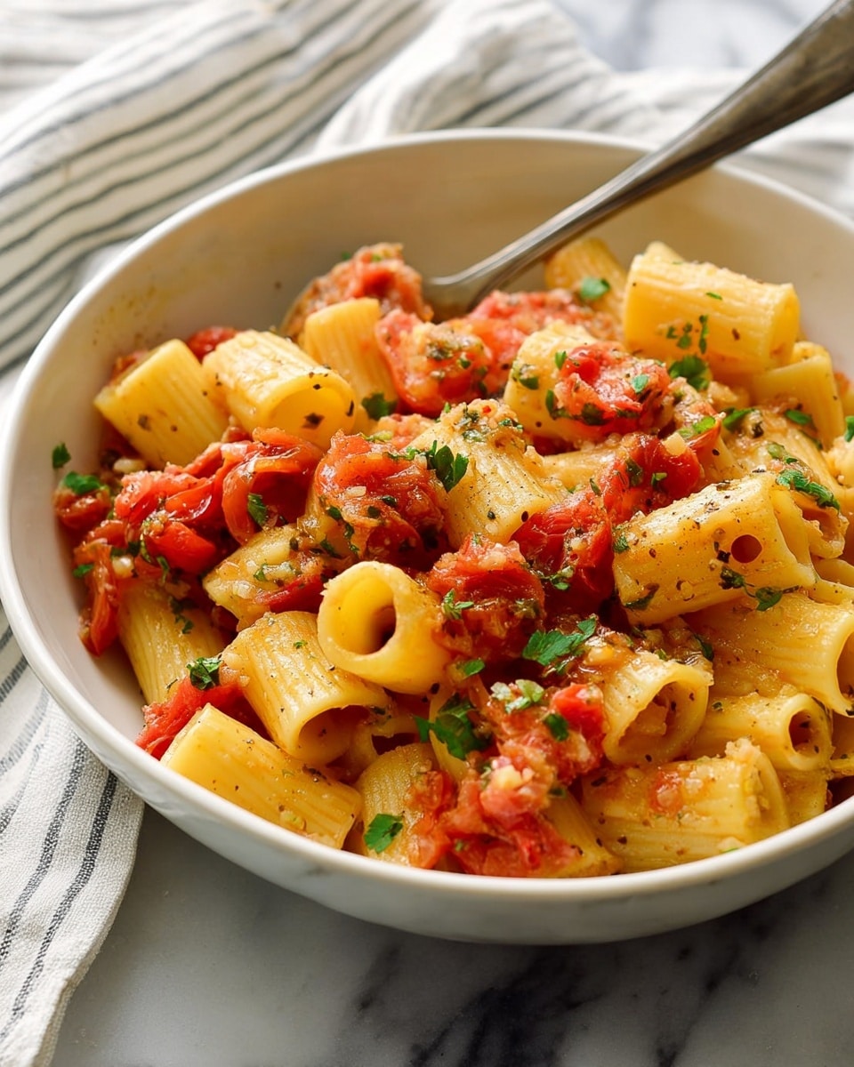 A white bowl filled with cooked rigatoni pasta mixed with chopped tomatoes and green herbs, all coated in a light sauce with small bits of crushed nuts scattered throughout. The yellow pasta tubes contrast with the bright red tomato pieces and green herb flecks, giving a fresh and hearty look. A silver fork stirs the pasta toward the right side of the bowl. The bowl is placed on a white marbled surface with a dark striped cloth nearby. Photo taken with an iphone --ar 4:5 --v 7