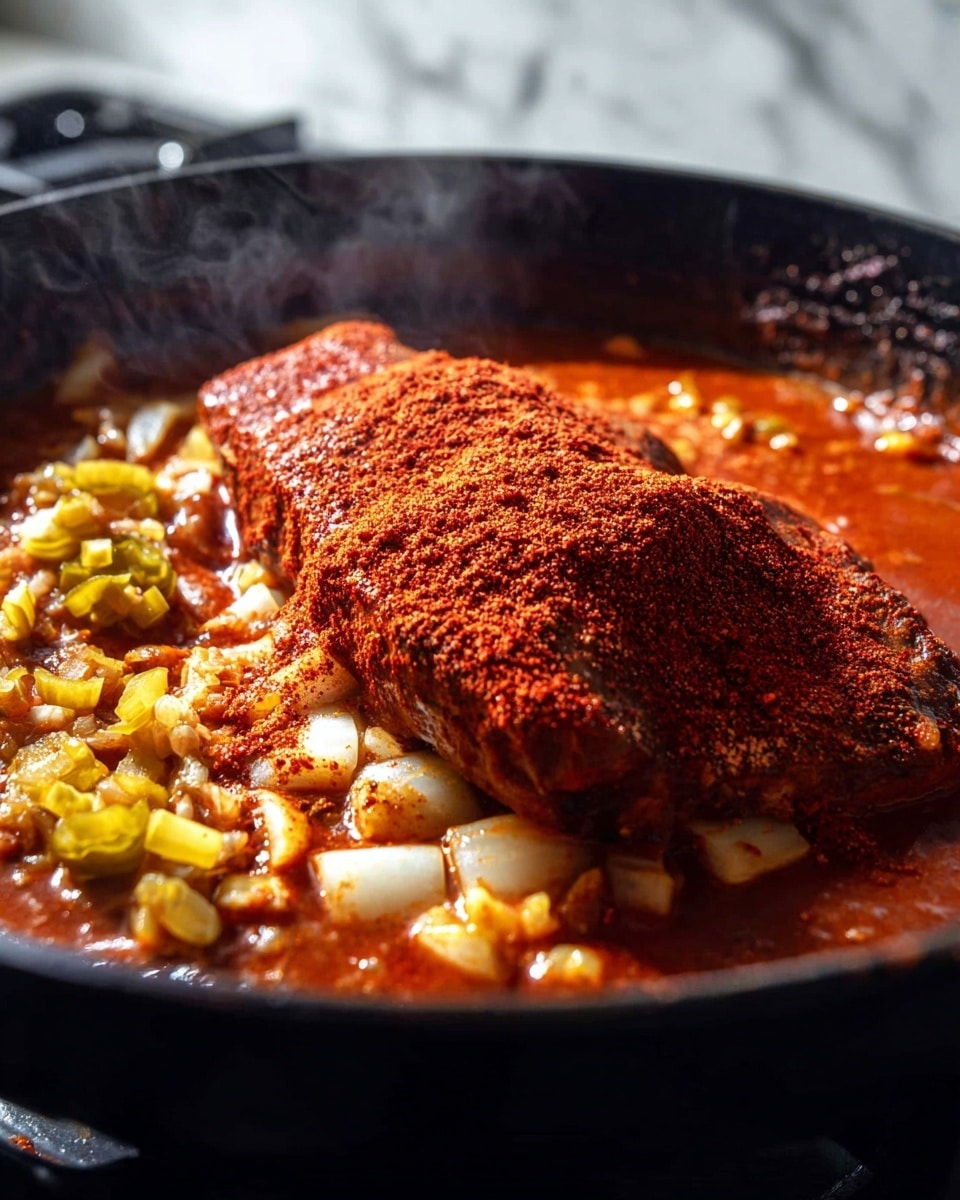 A close-up view of a pan with three main layers of food cooking in a thick, rich, reddish-brown sauce. The bottom layer is a bed of soft cooked onions in the sauce. The middle layer includes a large piece of meat covered in a layer of dark red seasoning powder. The top layer shows bits of yellowish diced vegetables or pickles scattered over the meat and sauce. Steam rises gently from the hot food. The pan is black and sits on a stove, with a soft white marbled texture in the background. Photo taken with an iphone --ar 4:5 --v 7