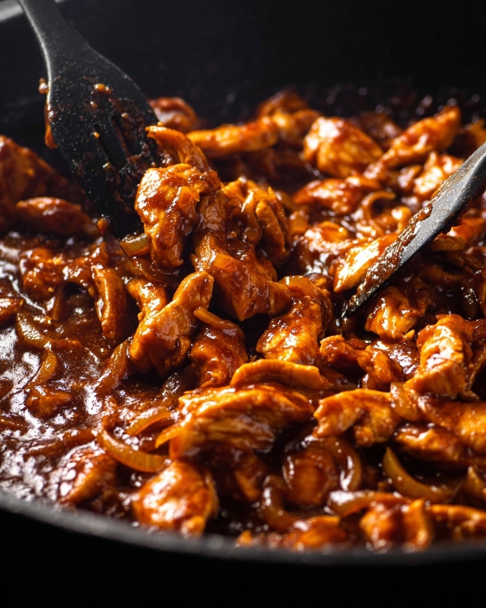 A close-up view shows soft strips of cooked chicken covered in thick, shiny, dark reddish-brown sauce with small pieces of onion mixed in, all sitting in a black pan. Two black forks are slightly lifting and mixing the chicken in the rich sauce, creating a textured and saucy appearance. The image has a warm tone and focuses tightly on the food’s moist texture with a blurred dark background. Photo taken with an iphone --ar 4:5 --v 7