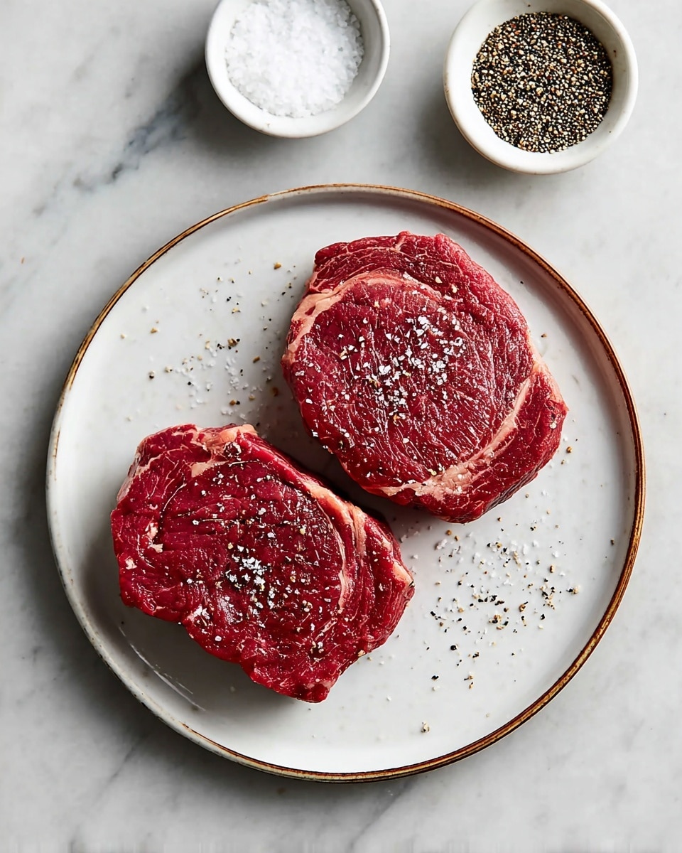 Two thick pieces of raw red meat sit close to each other on a round white plate with a thin brown edge. Each piece has visible light marbling and is sprinkled with coarse salt and black pepper, which also scatter lightly on the plate. In the top section of the image, two small white bowls hold coarse salt and a black and white spice mix. The whole scene is set on a white marbled surface. photo taken with an iphone --ar 4:5 --v 7