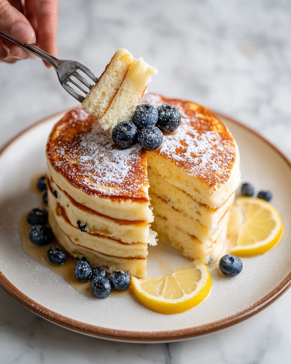 A stack of three golden-brown pancakes sits on a white plate, each pancake showing a fluffy texture and slightly crispy edges. The top pancake is adorned with a thin slice of lemon, topped with a small square of melting butter. Around the pancakes, fresh blueberries are scattered, adding pops of deep blue color. A light dusting of powdered sugar covers the pancakes and berries lightly. The plate rests on a white marbled surface. photo taken with an iphone --ar 4:5 --v 7
