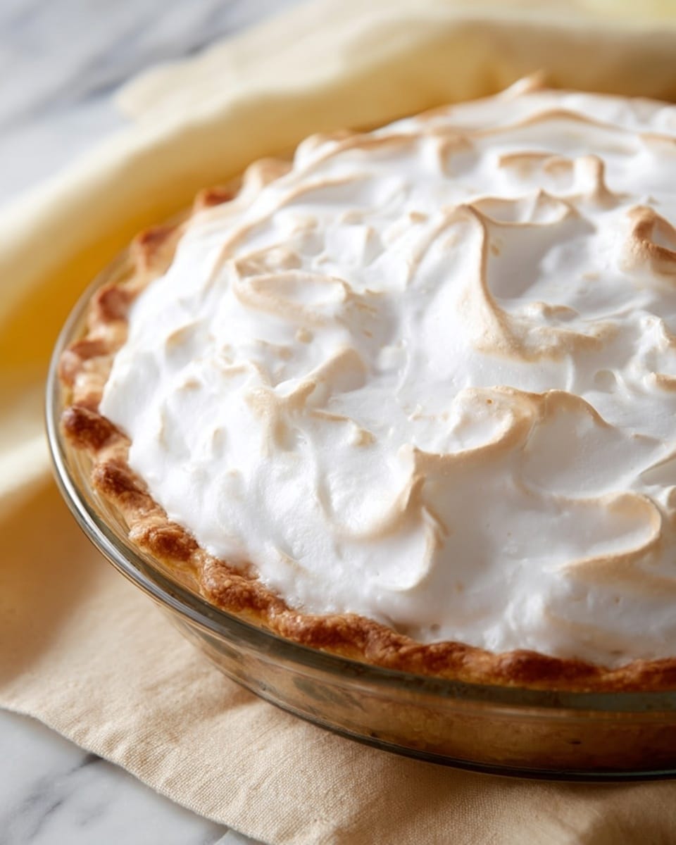 A close-up of a pie in a clear glass dish with a golden brown crust that has slightly darker edges. The pie is topped with a thick white layer of fluffy meringue that is lightly toasted in spots, showing soft swirls and peaks across the top. The dish sits on a white marbled surface with a beige cloth nearby. photo taken with an iphone --ar 4:5 --v 7