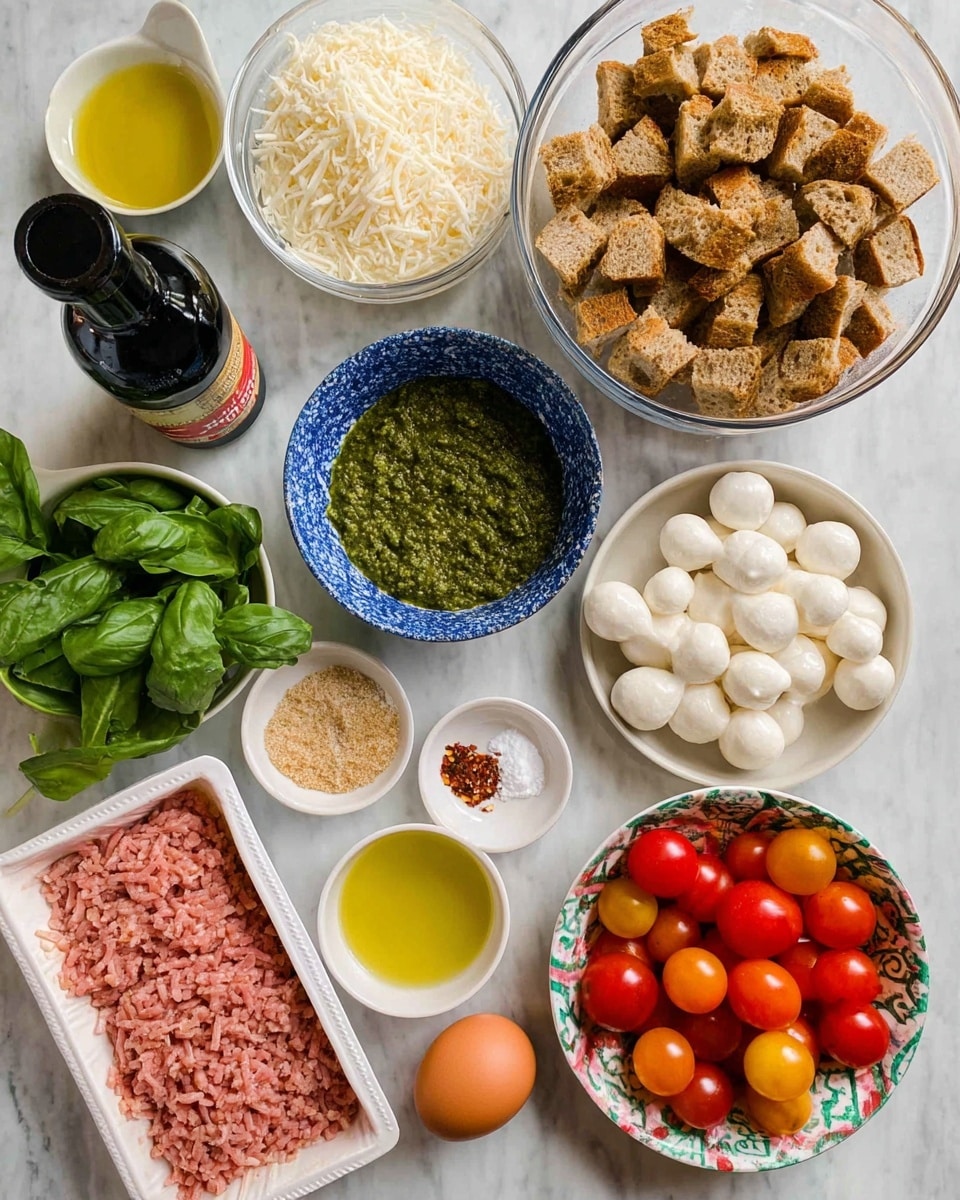 The image shows many ingredients on a white marbled surface. At the top right, there is a clear big bowl full of cubed brown bread pieces. Below it, a smaller clear bowl holds many small white mozzarella balls. To the right, a small white bowl has light yellow olive oil. In the center, there is a blue and white bowl with green pesto sauce. Near it, another blue and white bowl contains grated white cheese. There is also a small shallow white dish with salt and red pepper flakes and a raw brown egg in a white small bowl. On the left side, fresh green basil leaves are in a white bowl, and a dark green bottle of balsamic vinegar stands next to it. At the bottom left, a plastic tray contains pink ground meat, and a small dark green bowl holds light brown breadcrumbs. At the bottom right, a patterned white bowl is filled with red and yellow cherry tomatoes. Photo taken with an iphone --ar 4:5 --v 7
