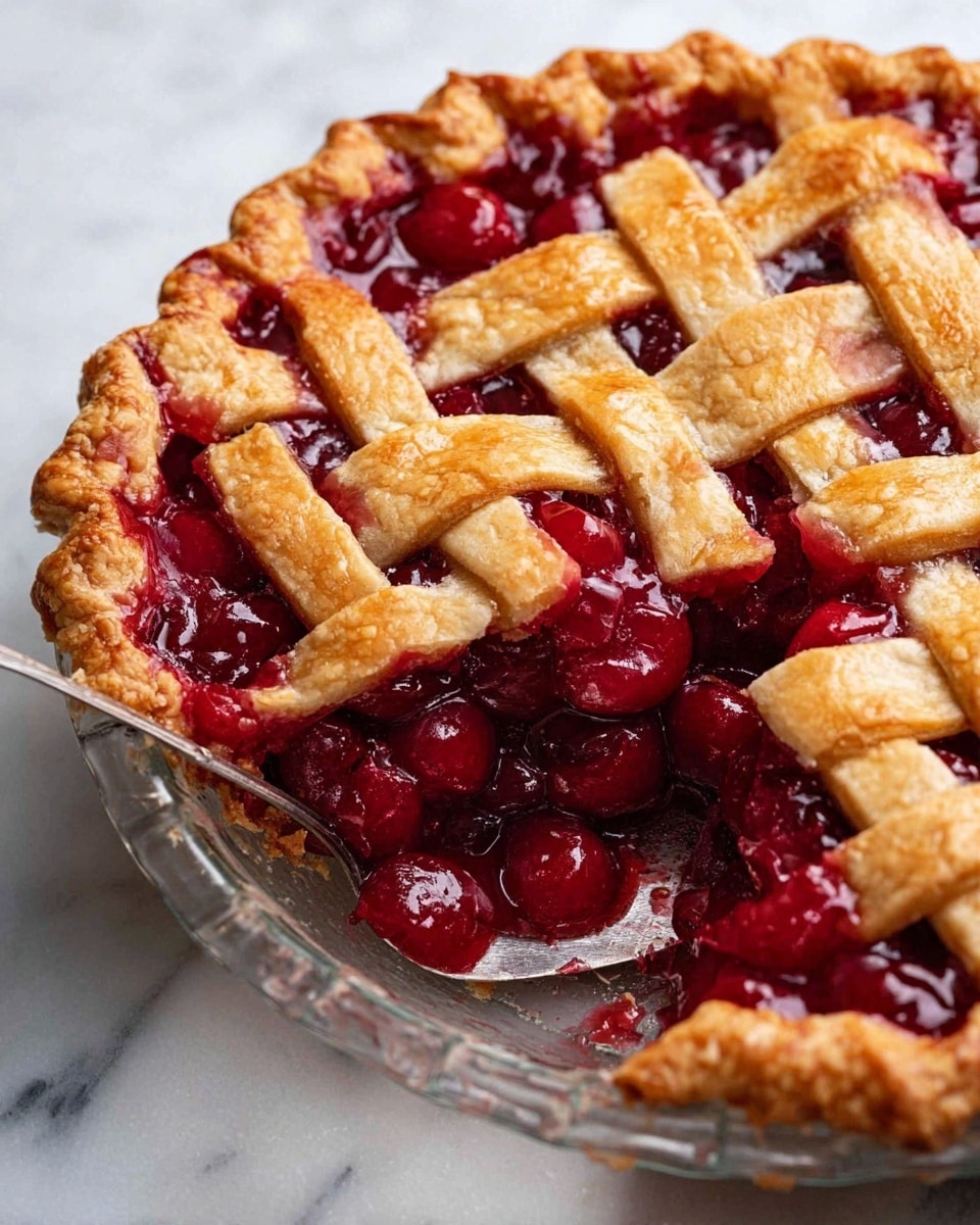 A close-up view of a cherry pie with a golden-brown lattice crust on top, showing thick, shiny, deep red cherry filling with whole cherries visible underneath. The pie is in a clear glass pie dish with a silver pie server underneath a slice that has been removed, revealing the juicy filling and flaky crust layers. The background is a white marbled texture. Photo taken with an iphone --ar 4:5 --v 7