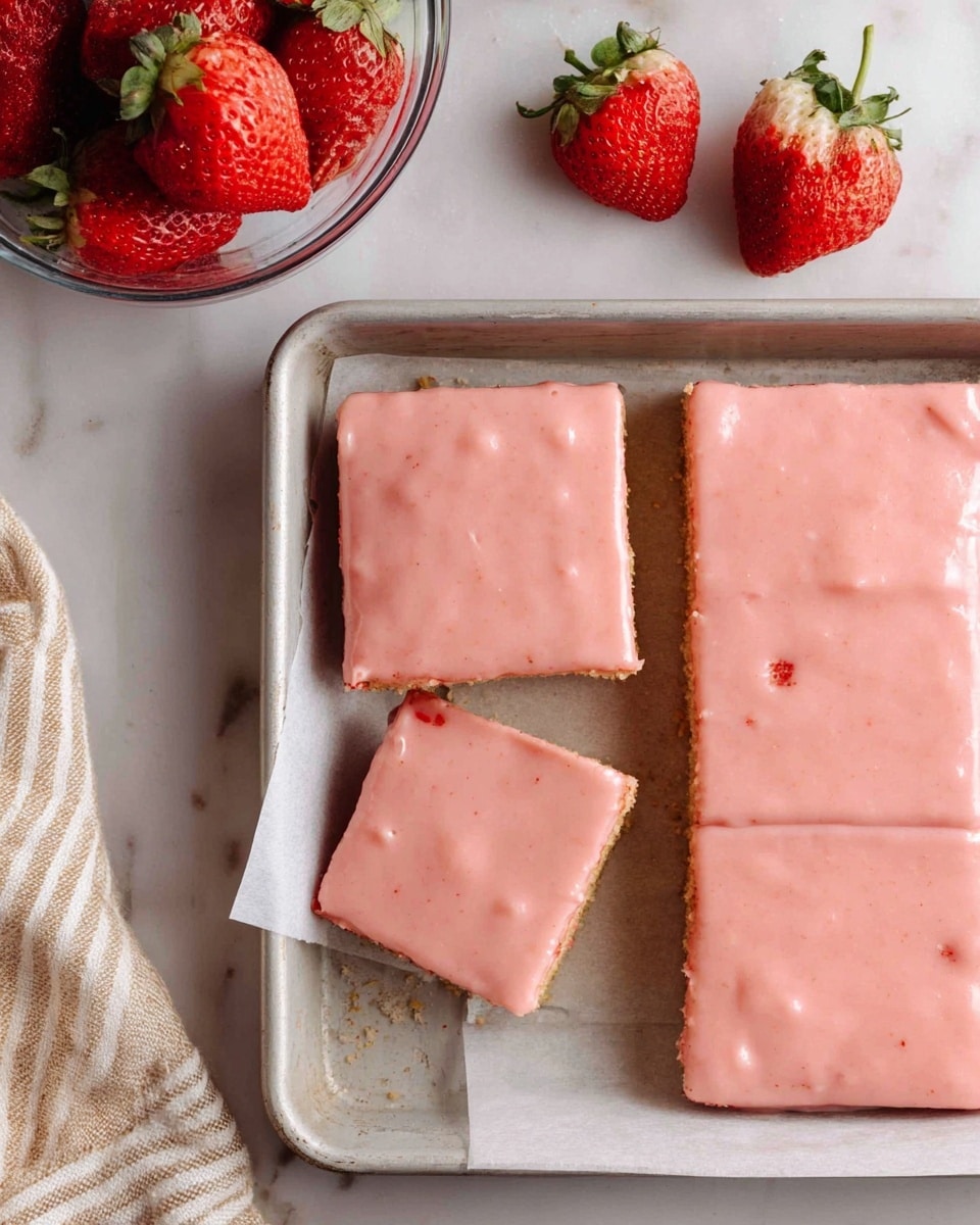 The image shows a rectangular baking tray lined with parchment paper that holds four square pieces of pink frosted cake, with one piece missing from the top left corner, revealing a light brown cake base beneath the smooth, creamy pale pink frosting layer. The frosting is evenly spread, slightly glossy, and has a few tiny red specks in it, likely from strawberries. At the top of the image, there is a clear bowl filled with whole fresh red strawberries with green leafy tops, along with a few loose strawberries resting directly on the white marbled surface. A beige and white striped cloth is partially visible on the left side of the frame. The scene is bright and clean with soft natural lighting. Photo taken with an iphone --ar 4:5 --v 7