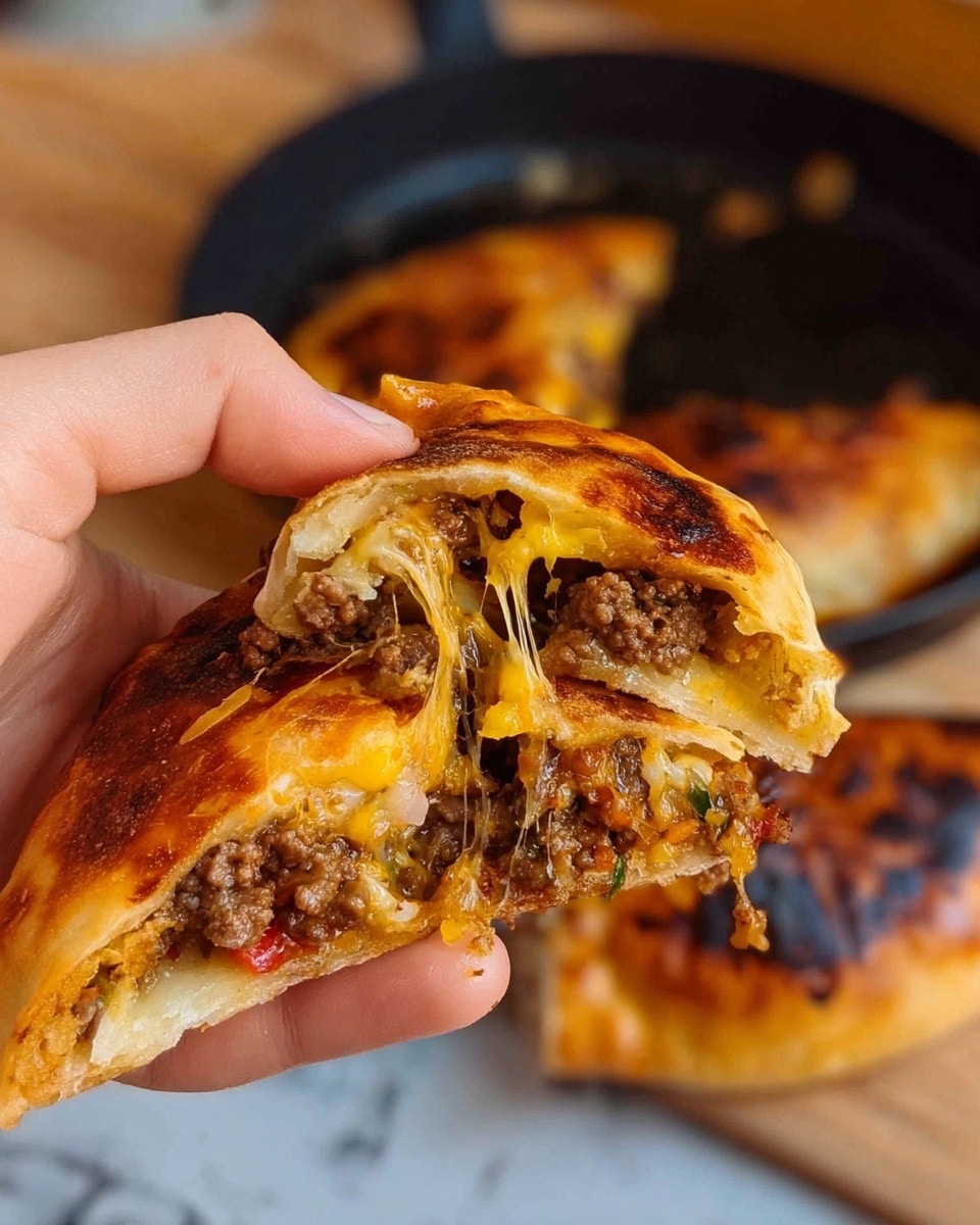 A close-up of a woman's hand tearing apart a golden-brown stuffed pastry, revealing three visible layers: a crispy, slightly charred outer crust; a middle layer of melted yellow and white cheese stretching between the halves; and a dense, savory filling of cooked ground meat mixed with small bits of vegetables in rich brown and red hues. The background shows a slightly out-of-focus black pan with more pieces of the same stuffed pastry resting on a white marbled surface. Photo taken with an iphone --ar 4:5 --v 7