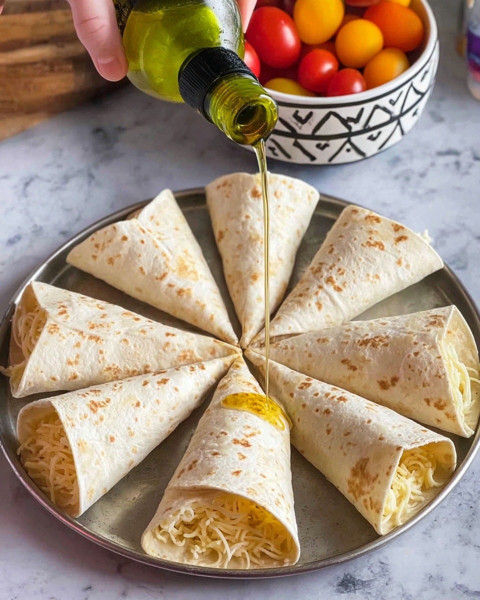The image shows six triangular wraps arranged in a circle on a round metal tray, each wrap folded tightly and filled with shredded cheese that is visible at the open ends of two wraps. The wraps have a light beige color with a soft texture and are being drizzled with a golden liquid from a green bottle held by a woman's hand above them. In the background, there is a white bowl with a black pattern filled with colorful cherry tomatoes in red, yellow, and orange, placed on a white marbled surface. Photo taken with an iphone --ar 4:5 --v 7
