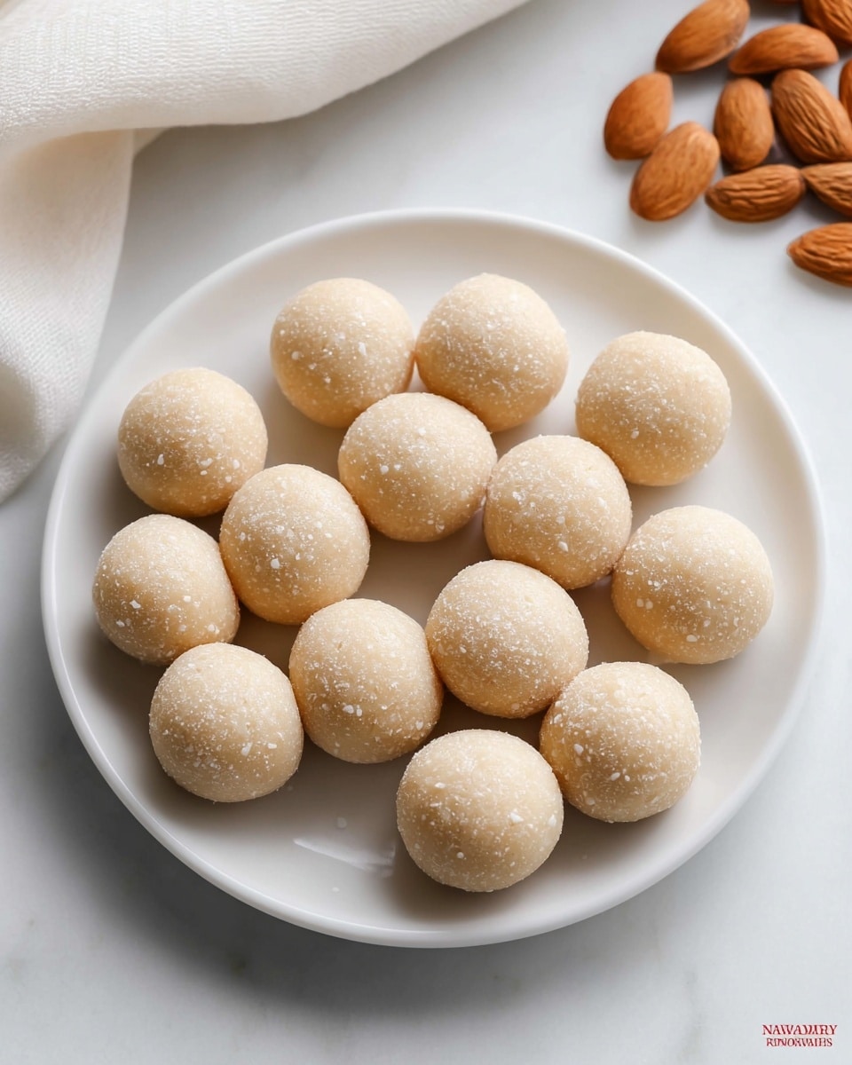 The image shows a white round plate filled with about twenty small, smooth, light beige-colored dough balls arranged in a slightly scattered pattern. Each ball is uniform in size and shape, with a soft matte texture and tiny white specks on the surface, suggesting a dusting of flour or powdered sugar. In the background, there are some whole brown almonds resting on a white marbled surface, with part of a white cloth visible at the top. The scene is softly lit with a clean, minimal look. photo taken with an iphone --ar 4:5 --v 7
