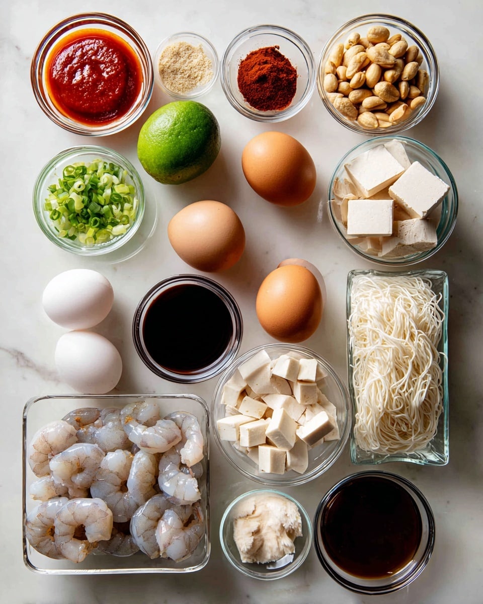 The image shows various ingredients neatly arranged on a white marbled surface, each placed in a small clear bowl or directly on the surface. There are 16 ingredient groups: bright red Sriracha sauce, reddish-brown paprika powder, dark amber fish sauce, light brown peanuts, a whole green lime, two white eggs, peeled garlic cloves, a single shallot, fresh green scallions, pale bean sprouts, white dried rice noodles in a clear rectangular dish, raw shrimp with light grayish-pink shells, a raw pink piece of chicken, light beige dried shrimp, white tofu slices, and dark brown tamarind concentrate in a bowl. Each ingredient is clearly labeled with black text on white tags placed close to the item. The whole arrangement is clean and brightly lit, showing distinct colors and textures of each ingredient photo taken with an iphone --ar 4:5 --v 7