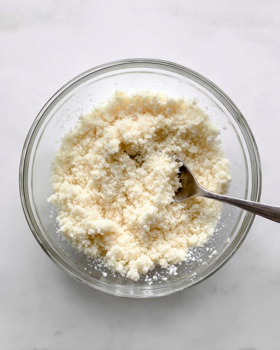 A clear glass bowl with a single layer of fluffy, light-colored cauliflower rice inside. The texture looks soft and crumbly, with small grain-like pieces spread evenly. A silver spoon is resting inside the bowl, partially buried in the cauliflower rice, its handle stretching out of the bowl to the right. The bowl is placed on a white marbled surface, giving a bright and clean look to the scene. Photo taken with an iphone --ar 4:5 --v 7