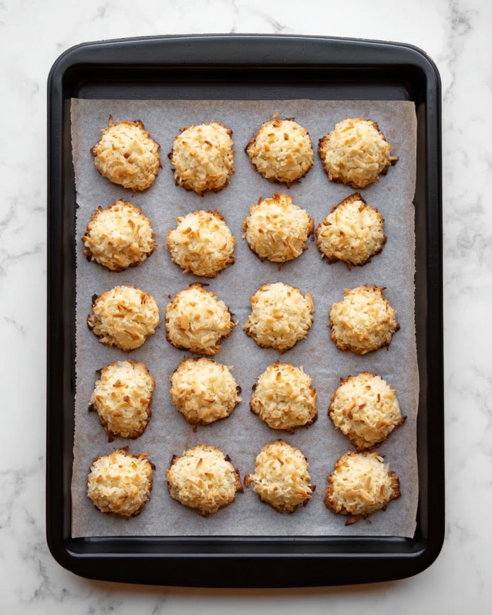 A black baking tray holds 25 small round cookies arranged in a 5 by 5 grid on a sheet of parchment paper. Each cookie is light golden with a rough, textured surface showing bits of toasted coconut. The tray is placed on a white marbled surface, adding a clean and bright background to the image. photo taken with an iphone --ar 4:5 --v 7