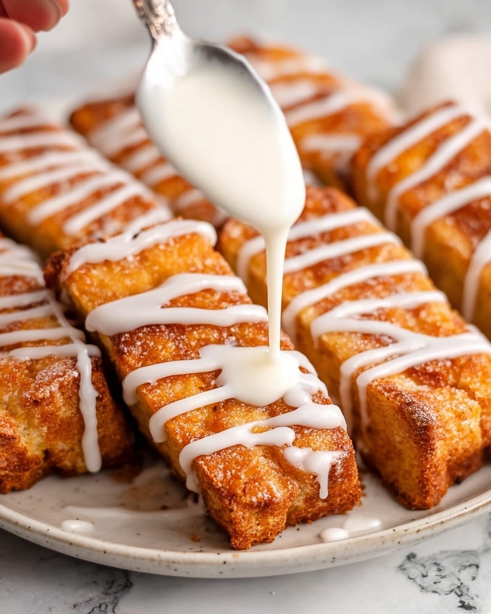 A close-up view of several golden-brown pastry rectangles arranged on a white plate with a light texture, each piece topped with white icing drizzle in thin lines. A woman's hand holding a spoon is shown drizzling extra white icing over the pastries, adding a shiny, smooth contrast to the crispy, textured surface of the baked goods. The background has a white marbled texture, creating a clean and bright setting for the warm tones of the pastries. Photo taken with an iphone --ar 4:5 --v 7