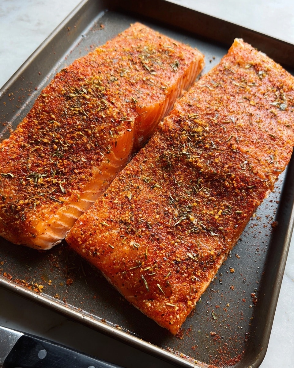 Two large pieces of orange-pink salmon fillets lie side by side on a dark metal tray. Each fillet is covered evenly with a layer of red-orange spice powder mixed with dried green herbs and visible black pepper bits, giving a textured surface. The tray is placed on a white marbled surface, and a black-handled knife partially appears at the bottom left corner. The salmon looks fresh and ready to be cooked. photo taken with an iphone --ar 4:5 --v 7