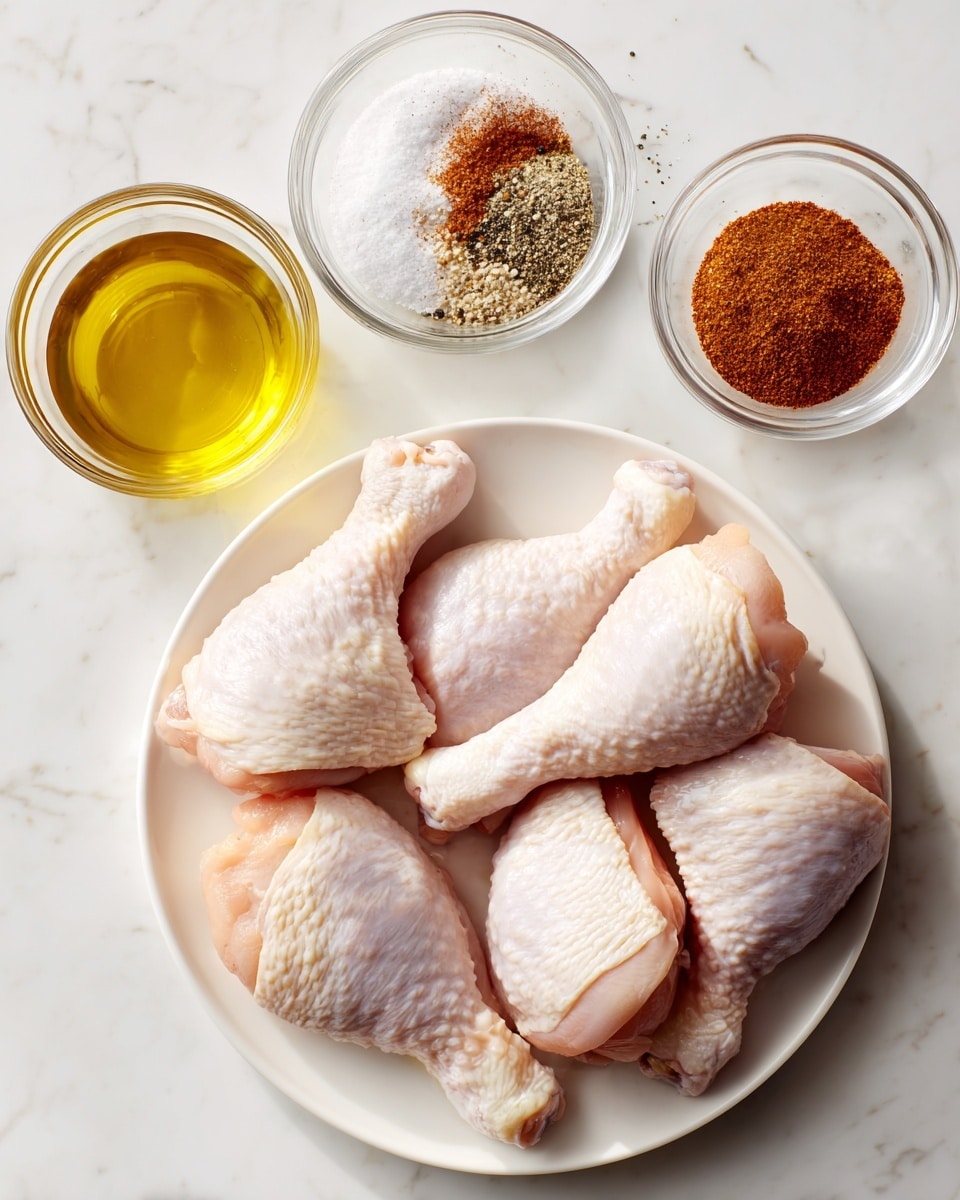 The image shows a white plate on a white marbled surface holding five raw chicken drumsticks with pale pink skin and white bones visible. Surrounding the plate are three clear glass bowls: one filled with golden yellow olive oil, another containing white salt and black pepper mixed together, and the third holding a reddish-brown barbecue seasoning made up of a fine powder. The seasoning ingredients include brown sugar, kosher salt, chili powder, garlic powder, smoked paprika, onion powder, ground mustard, cayenne pepper, and oregano. The setting is bright and clean, with all items neatly arranged. Photo taken with an iphone --ar 4:5 --v 7