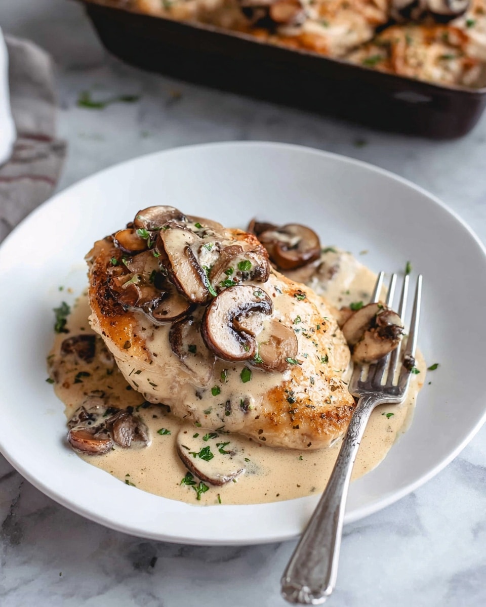 A white plate holds one large, golden-brown chicken piece topped with several thin, dark brown mushroom slices covered in a creamy light beige sauce that spreads over the base of the plate. A silver fork lays on the right side, with three mushrooms and sauce on its tines. Some finely chopped green herbs are sprinkled on top of the chicken and mushrooms. The plate sits on a white marbled surface, with a dark container full of similar chicken and mushroom pieces visible in the background. photo taken with an iphone --ar 4:5 --v 7
