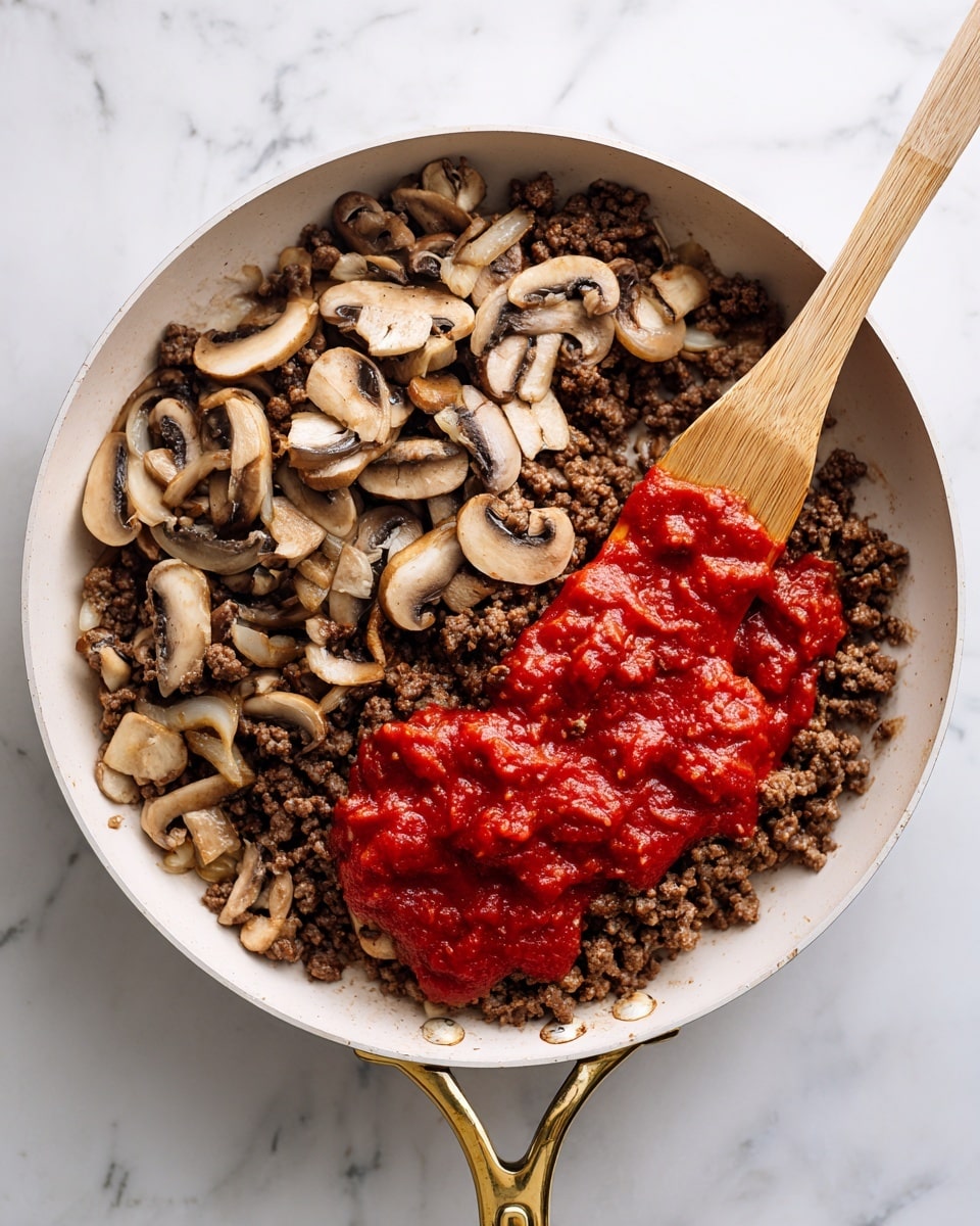 The image shows a white pan with a golden handle on a white marbled surface. Inside the pan, there is cooked ground beef mixed with sliced mushrooms and onions, topped with a layer of red tomato sauce partially stirred in. A wooden spatula rests inside the pan, with its tip covered in the sauce. The colors include brown for the beef, light beige for mushrooms, translucent white for onions, and bright red for the sauce, creating a textured mix of layers. Photo taken with an iphone --ar 4:5 --v 7