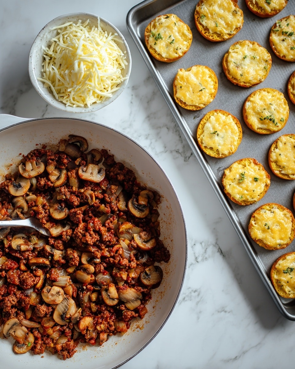 The image shows a white skillet on the left filled with cooked ground meat mixed with onions and small mushroom pieces, the meat is reddish-brown and chunky, with a spoon resting inside the skillet. Next to the skillet, there is a small bowl filled with shredded white cheese. On the right side, a silver baking tray holds small round yellow toasted bread slices arranged in rows; some slices have a thick layer of the meat mixture spread on top while others are plain. The background is a white marbled surface. photo taken with an iphone --ar 4:5 --v 7