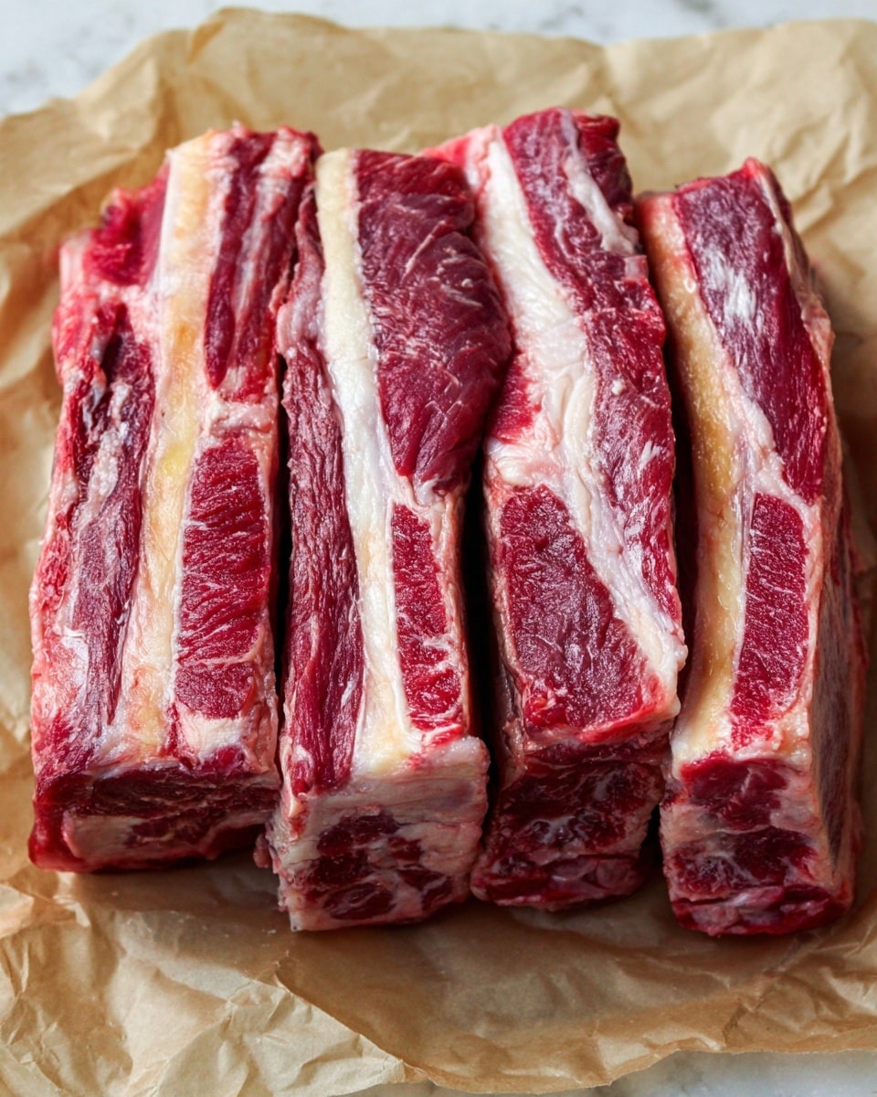 A close-up of six thick pieces of raw beef ribs arranged side by side on light brown parchment paper. The ribs show clear layers of deep red meat and creamy white fat marbling through each piece. The texture of the meat is slightly moist with some natural sheen, and the fat appears firm and smooth. The edges of the ribs are irregular, showing the natural grain and layers of the cut. The background is a white marbled texture. photo taken with an iphone --ar 4:5 --v 7