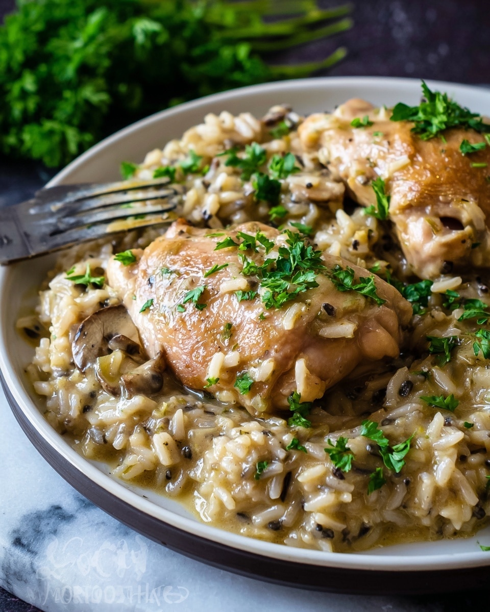 The image shows a close-up of two light brown chicken pieces placed on a bed of creamy rice with a mix of white and wild rice grains, all coated in a thick, glossy sauce. The chicken and rice are on a white plate with some fresh green parsley leaves sprinkled over the top, adding a pop of color. The texture of the rice looks soft and moist, and the chicken pieces sit near the center with the rice spreading around them. The background has a white marbled texture with a blurred dark area, and a woman's hand is holding a fork near the plate. Photo taken with an iphone --ar 4:5 --v 7