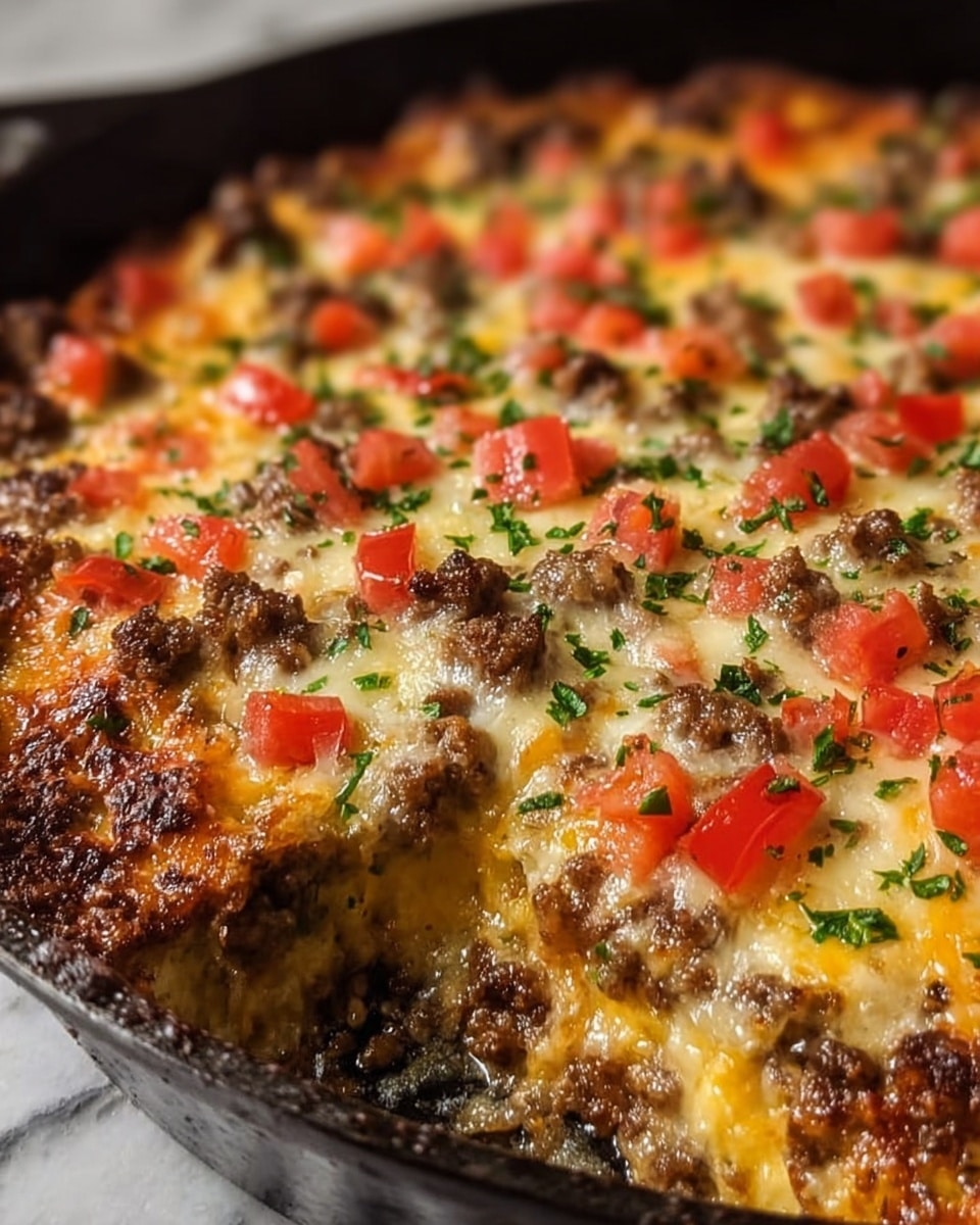 The image shows a close-up of a baked dish in a black pan filled with several layers. The top layer is melted cheese with a bubbly golden-brown color, scattered with small green herb pieces. Underneath, there are visible brown chunks of cooked ground beef and bright red diced tomatoes spread evenly across the surface. The edges of the pan have slightly crispy, browned cheese. The background is a white marbled texture. Photo taken with an iphone --ar 4:5 --v 7