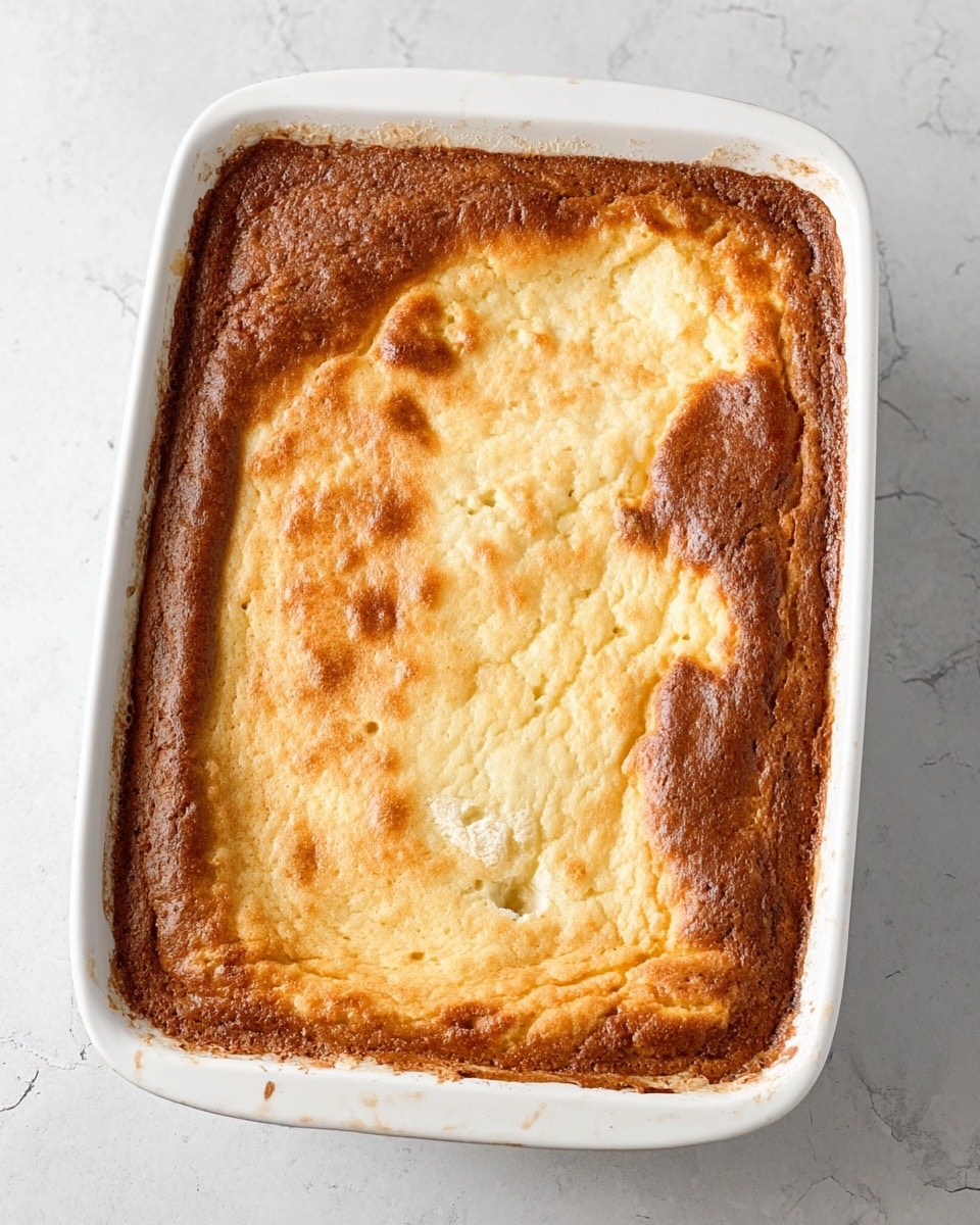 A white rectangular dish with a golden-brown baked top layer that looks slightly cracked and textured, showing hints of a lighter creamy layer underneath. The edges are browned darker with a rough texture, while the center is smoother with some small air pockets. The dish sits on a white marbled surface, and the overall look suggests a soft inside covered by a crisp, browned crust. photo taken with an iphone --ar 4:5 --v 7