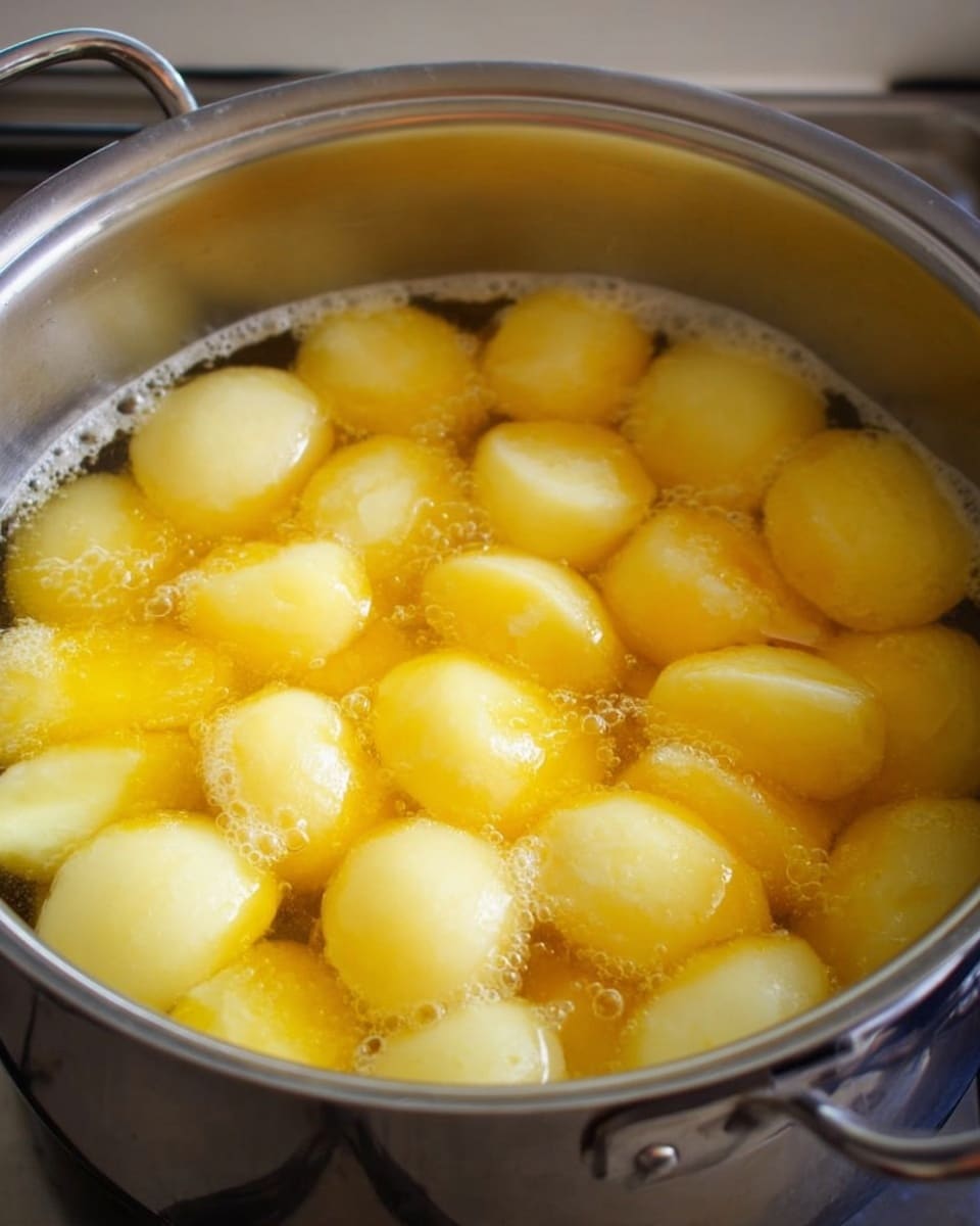 A large silver pot filled with water and peeled, cut potatoes submerged inside. The potatoes are light yellow, with smooth textures, floating and resting on the bottom. A layer of yellow foam or bubbles from cooking potatoes sits on top of the water, covering parts of the potatoes. The pot is on a stove and the handles are visible on both sides. The photo is taken from above, showing the clear water and potato pieces inside the shiny pot. photo taken with an iphone --ar 4:5 --v 7