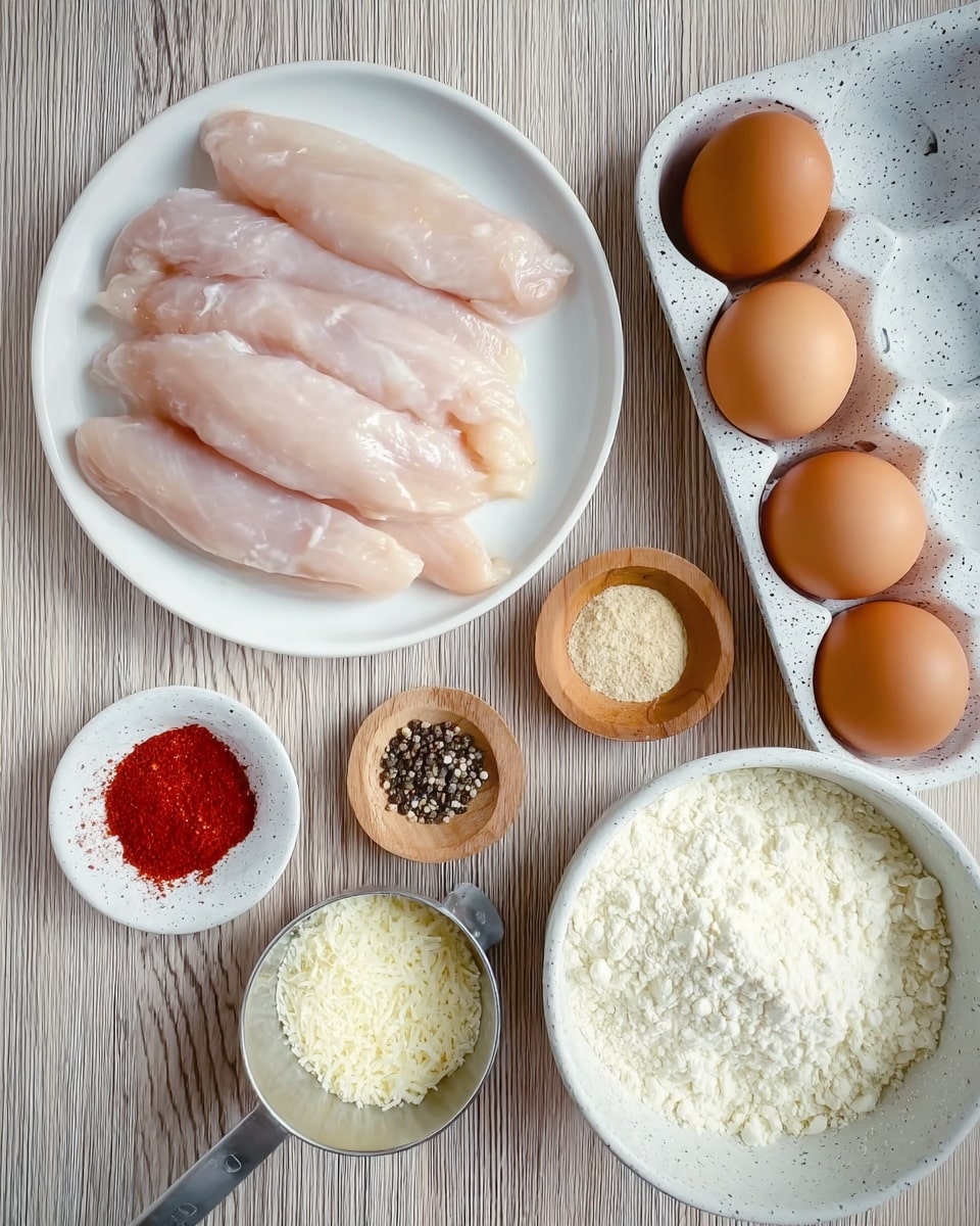 A white plate filled with six raw pale pink chicken tenders arranged side by side on the left side of the image. To the right, a white speckled egg tray contains four brown eggs. Below the white plate, a small white speckled bowl holds three different powders: red paprika, light beige garlic powder, and one side empty. Next to it, a small wooden bowl contains coarse salt and black pepper. Further down, a metal measuring cup is full of white flour, and to the right of it, a white bowl is filled to the top with finely grated white cheese. All items rest on a wooden surface with a light grain pattern. photo taken with an iphone --ar 4:5 --v 7