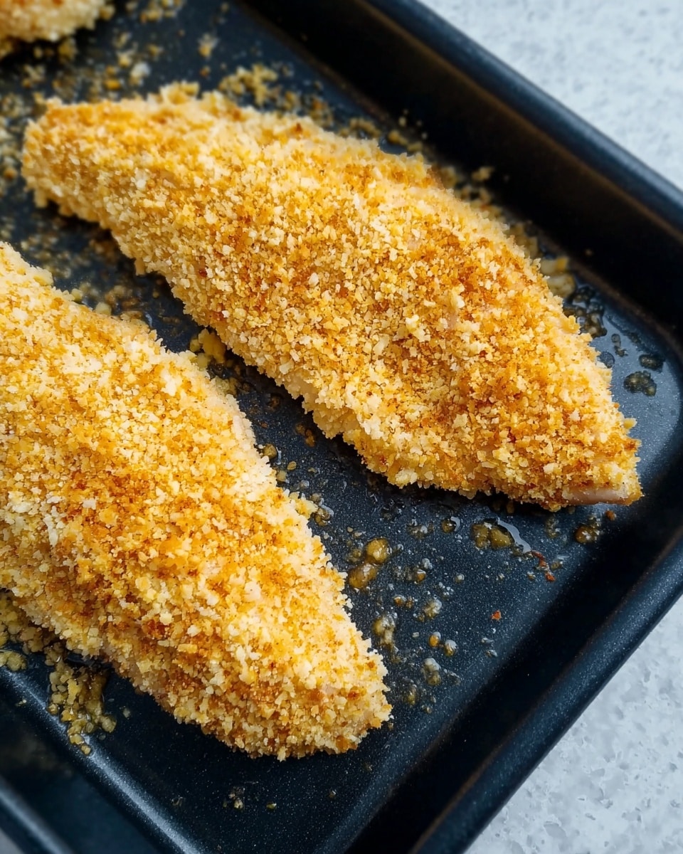 Two raw pieces of breaded chicken fillet lie in a black baking pan, each covered evenly with a light golden crumb coating that looks crispy and coarse. The crumbs have a mix of pale yellow and light brown colors, giving a crunchy texture. The baking pan shows tiny drops of oil around the chicken, and the background below is a white marbled texture. photo taken with an iphone --ar 4:5 --v 7