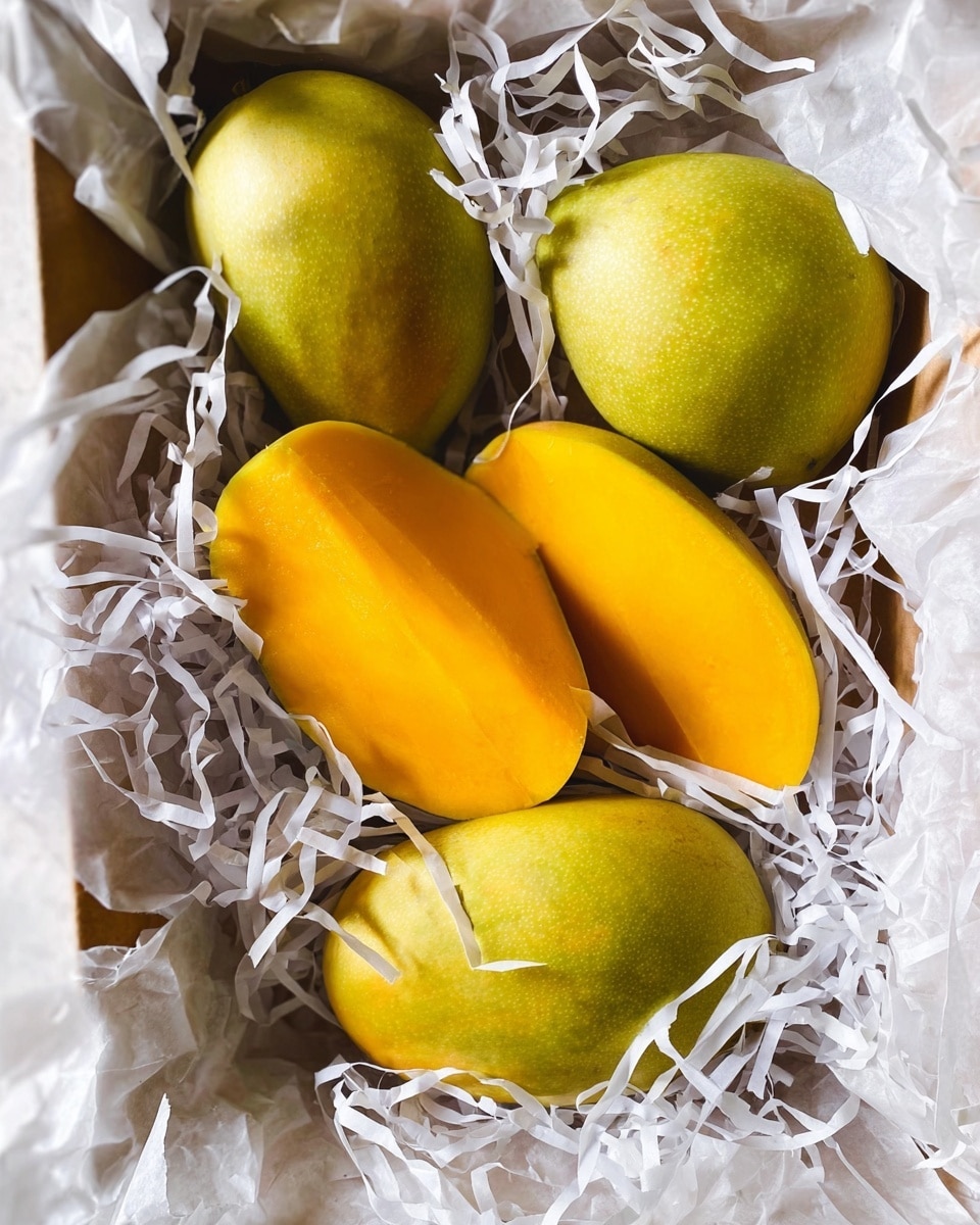 The image shows five mangoes resting on a bed of crinkled white paper shreds inside a box. Three whole mangoes have a greenish-yellow skin, smooth and round in shape, positioned around two mango halves that reveal bright golden-orange flesh with a smooth texture. The mango halves are placed in the center, with the paper shreds scattered naturally around and slightly over the mangoes, giving a soft and cozy appearance. The background is a white marbled texture. photo taken with an iphone --ar 4:5 --v 7