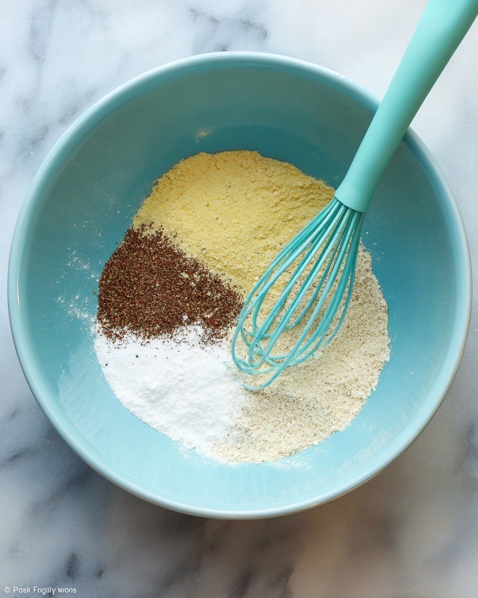 A light blue mixing bowl sits on a white marbled surface, filled with several dry ingredients in separate piles inside. There is a pale yellow powdery layer on the upper half of the bowl’s inside, with a white powder to the left side near the bottom. Dark brown specks make a loose pile in the lower right, with a small pile of fine white powder just above it. A teal whisk with a soft grip handle rests across the bowl, partially touching the ingredients. The scene is brightly lit and clear, focusing on the bowl's contents and the whisk photo taken with an iphone --ar 4:5 --v 7