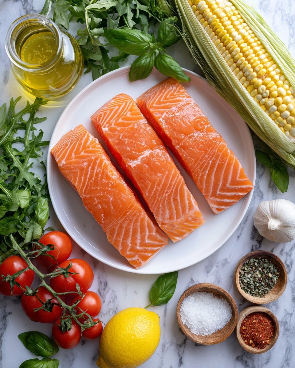 The image shows three raw salmon fillets with a smooth, bright orange surface placed side by side on a white plate at the center. Around the plate, there are several fresh ingredients arranged on a white marbled surface: a large ear of corn with green husks partially peeled back, a cluster of small red tomatoes on the vine, a small whole shallot with a light brown skin, and a garlic bulb with white papery outer skin. There are two small glass bowls, one filled with golden olive oil and the other with clear white wine vinegar. Fresh green arugula and basil leaves create a leafy border on the left and right sides. At the bottom, a yellow lemon sits near small wooden bowls holding seasoning powders in brown, white, and red colors. The overall layout is neat and vibrant, with natural lighting. Photo taken with an iphone --ar 4:5 --v 7