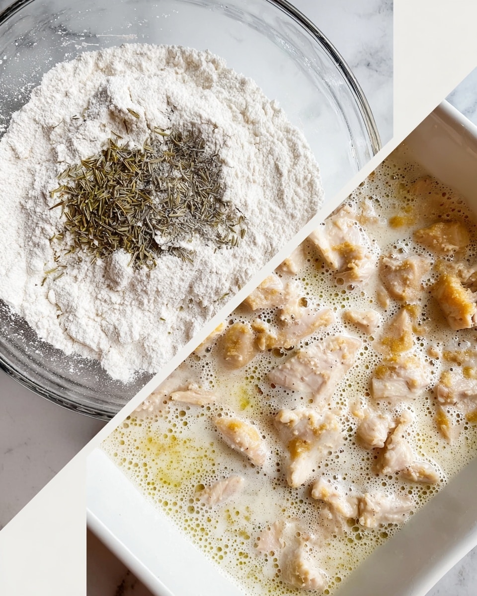 The image shows two parts: on the left, a clear glass bowl with white flour, coarse salt, cracked black pepper, and dried herbs on top; the bowl is on a white marbled surface. On the right, there is a rectangular white dish filled with torn pieces of cooked light pink chicken submerged in a creamy white sauce with bubbles on top. Photo taken with an iphone --ar 4:5 --v 7