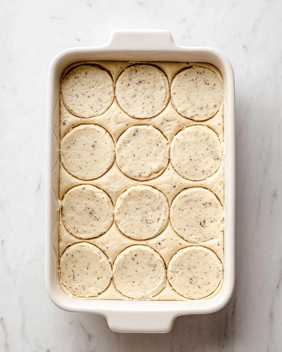 A top view of a creamy dough spread evenly in a rectangular white baking dish, with twelve round shapes pressed and outlined on the dough’s surface. The dough is light beige with small dark specks scattered all over, giving it a textured look. The baking dish sits on a white marbled surface, creating a clean and bright background. photo taken with an iphone --ar 4:5 --v 7