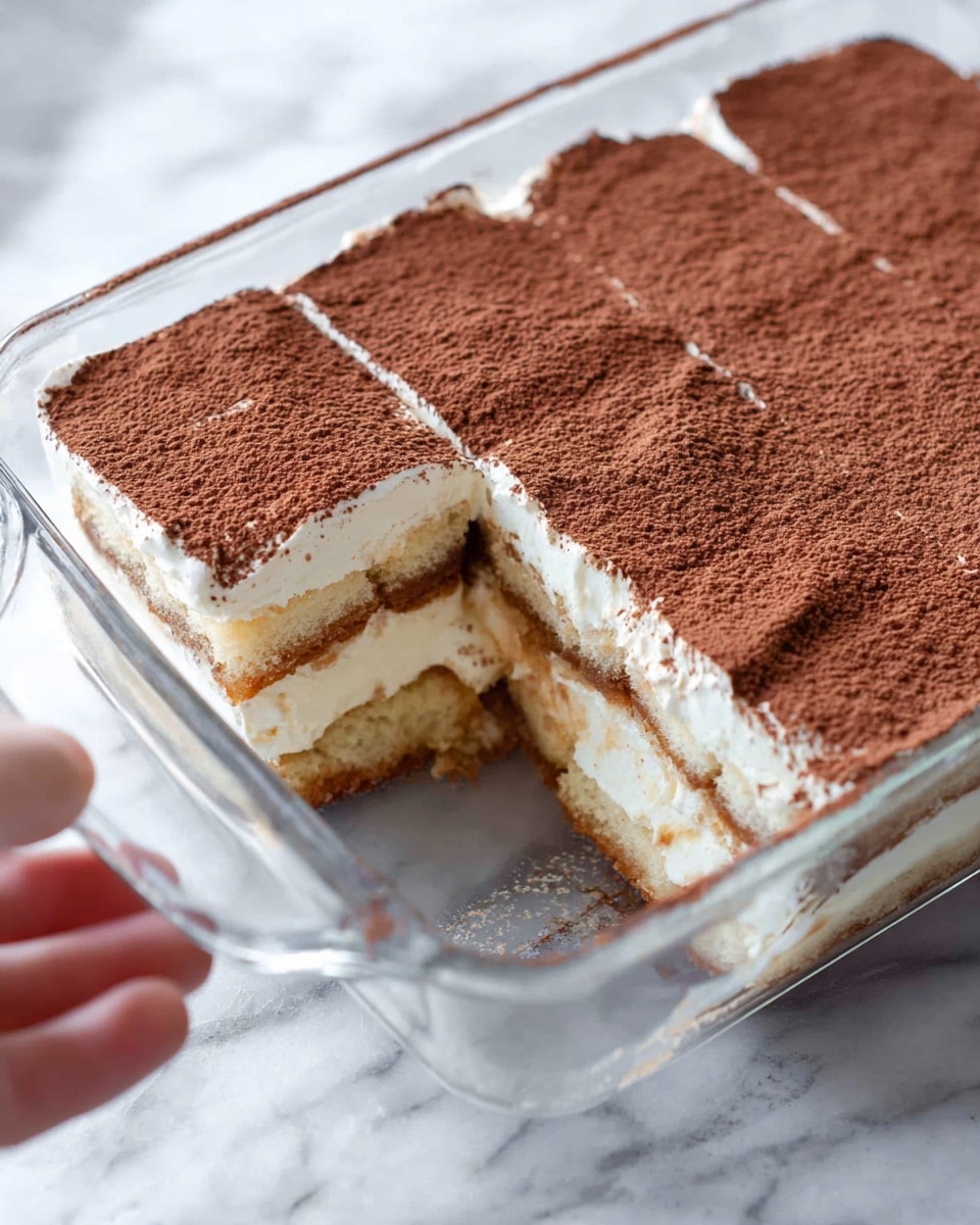 A clear rectangular glass dish holds a layered dessert with four visible layers: two light tan biscuit layers and two thick white creamy layers alternating, topped with a smooth, even dusting of dark brown cocoa powder. A square piece is missing from the lower left corner, revealing the layers clearly. The dish is placed on a white marbled surface, and part of a woman's hand is seen resting nearby in the background. photo taken with an iphone --ar 4:5 --v 7