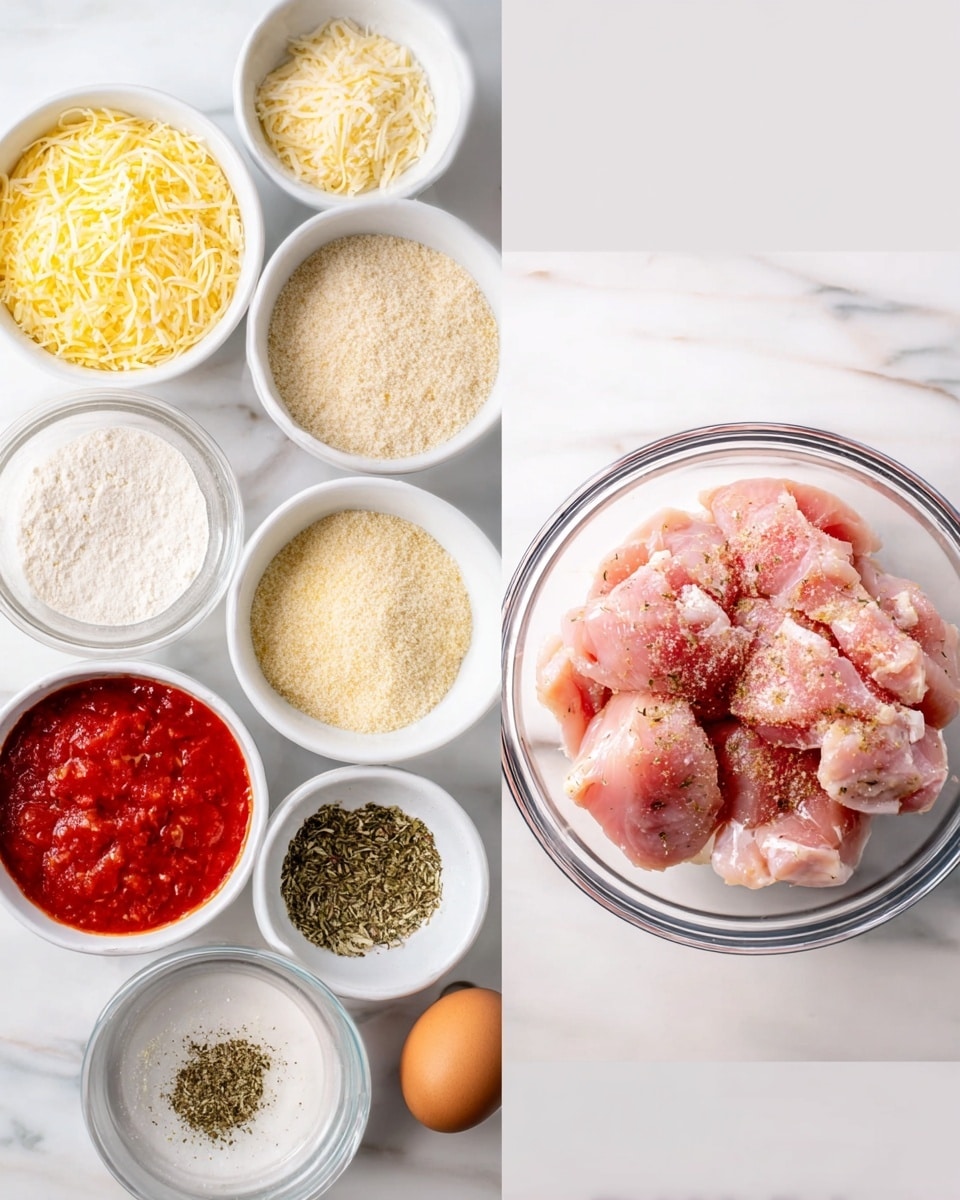 The first image shows a top view of several white bowls arranged neatly on a white marbled surface. In the center is a clear glass bowl with raw pink chicken pieces seasoned with herbs. Surrounding it are bowls with different ingredients: shredded yellow cheese, light brown breadcrumbs, white flour, bright red tomato sauce, a single brown egg, grated pale yellow parmesan, and a small bowl of mixed dried herbs. The second image is a close-up top view of the clear glass bowl containing the same raw pink chicken pieces, now seasoned with small green and black herbs, placed on the same white marbled surface. photo taken with an iphone --ar 4:5 --v 7