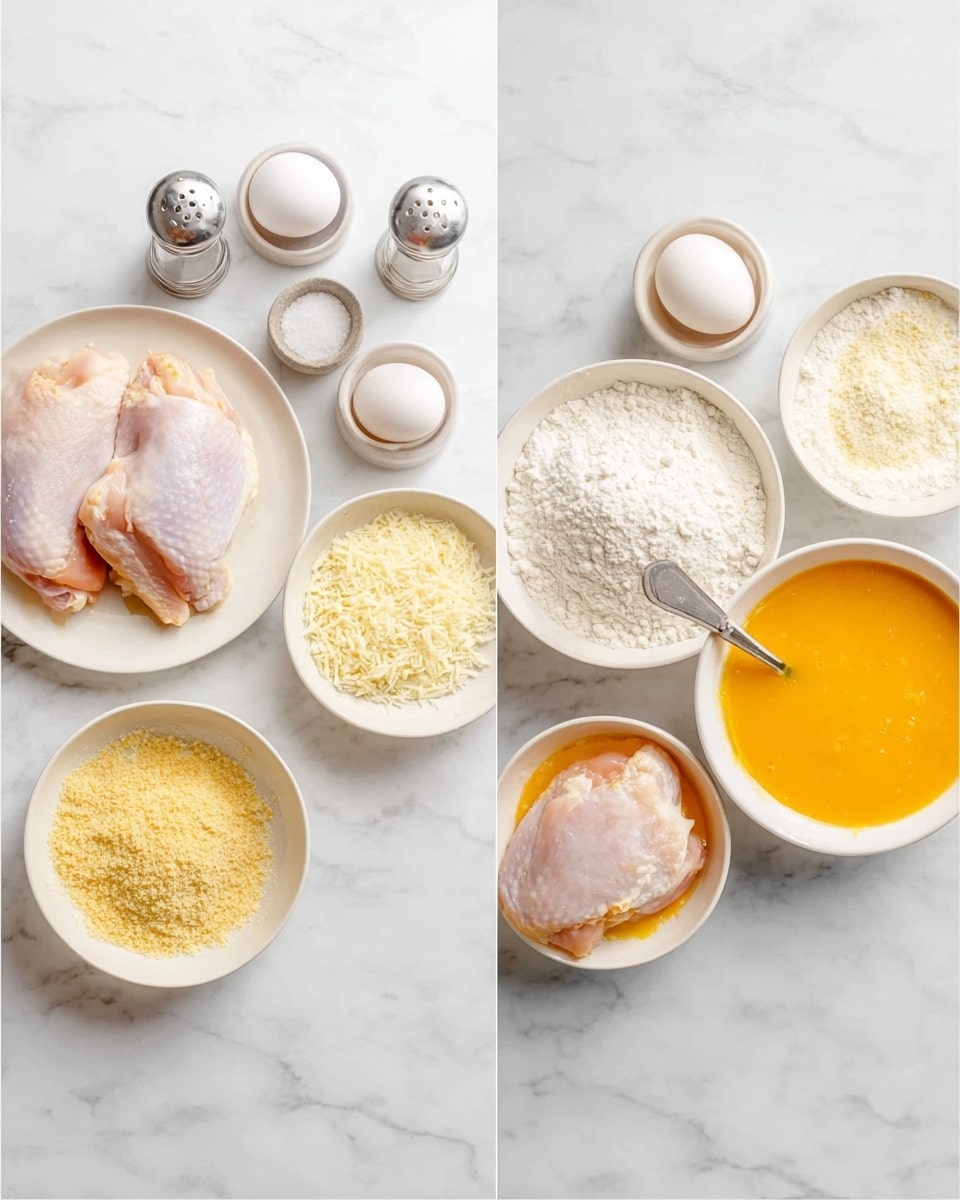 The image shows two scenes on a white marbled surface. On the left, there is a white plate in the center holding three raw chicken pieces, surrounded by small white bowls with different ingredients: flour, breadcrumbs, grated cheese, and two eggs nearby, along with salt and pepper shakers. On the right, there are three white bowls placed on the white marbled surface, each containing a different coating ingredient: the top right bowl with white flour and a piece of raw chicken partially covered, the top left bowl with yellow breadcrumbs and a piece of chicken being pressed with a fork, and the bottom middle bowl with an orange beaten egg mixture holding a piece of chicken being dipped. Photo taken with an iphone --ar 4:5 --v 7