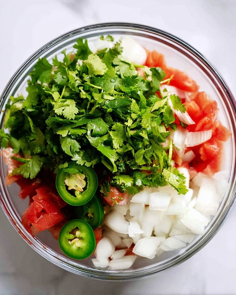 A clear bowl filled with three main layers: at the bottom, bright red tomato pieces, above them, white onion slices spread evenly, and on top, a bunch of fresh green cilantro leaves covering most of the bowl; to the side inside the bowl are a few green jalapeño slices with some white seeds visible. The bowl sits on a white marbled surface. Photo taken with an iphone --ar 4:5 --v 7