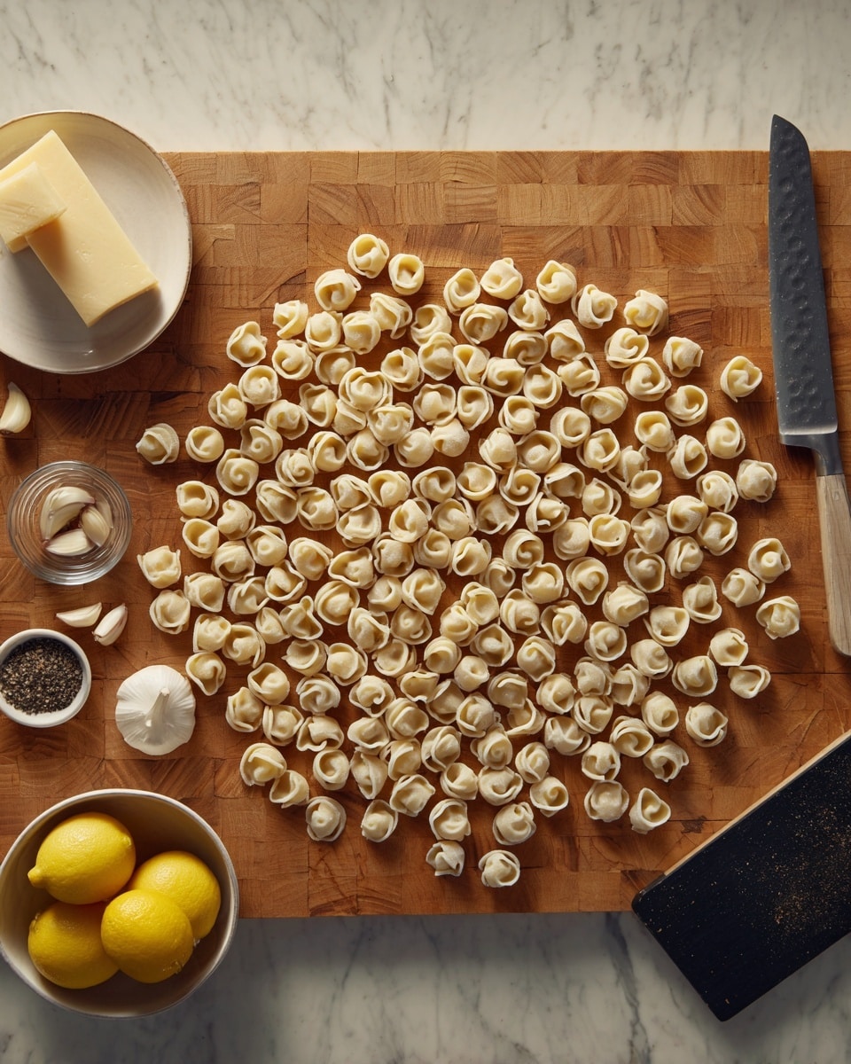 A large wooden cutting board covers most of the image, holding many small pieces of uncooked pasta arranged loosely in a circular shape. The pasta pieces are pale white with a smooth texture and have a small hollow. On the top right edge of the board, there is a sharp knife with a metal blade and a black handle. Near the knife, there is a small white bowl with a block of hard yellow cheese, a small clear bowl with a clove of garlic, a small round bowl with dark pepper, a black rectangular object that looks like a book, and another white bowl holding two yellow lemons. The surface under everything is white marble. photo taken with an iphone --ar 4:5 --v 7