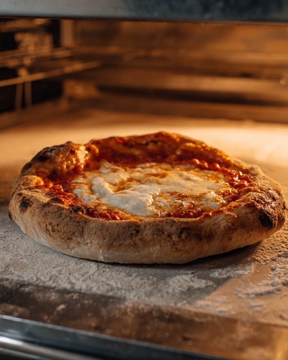 A pizza with a thick, puffy crust that is golden brown with some dark spots from baking. The pizza has a layer of red tomato sauce visible under a layer of melted white cheese that spreads unevenly over the surface. The pizza sits directly on the oven floor, which has a light coating of flour. The background shows the inside of a warm, metal oven with a softly blurred appearance. photo taken with an iphone --ar 4:5 --v 7